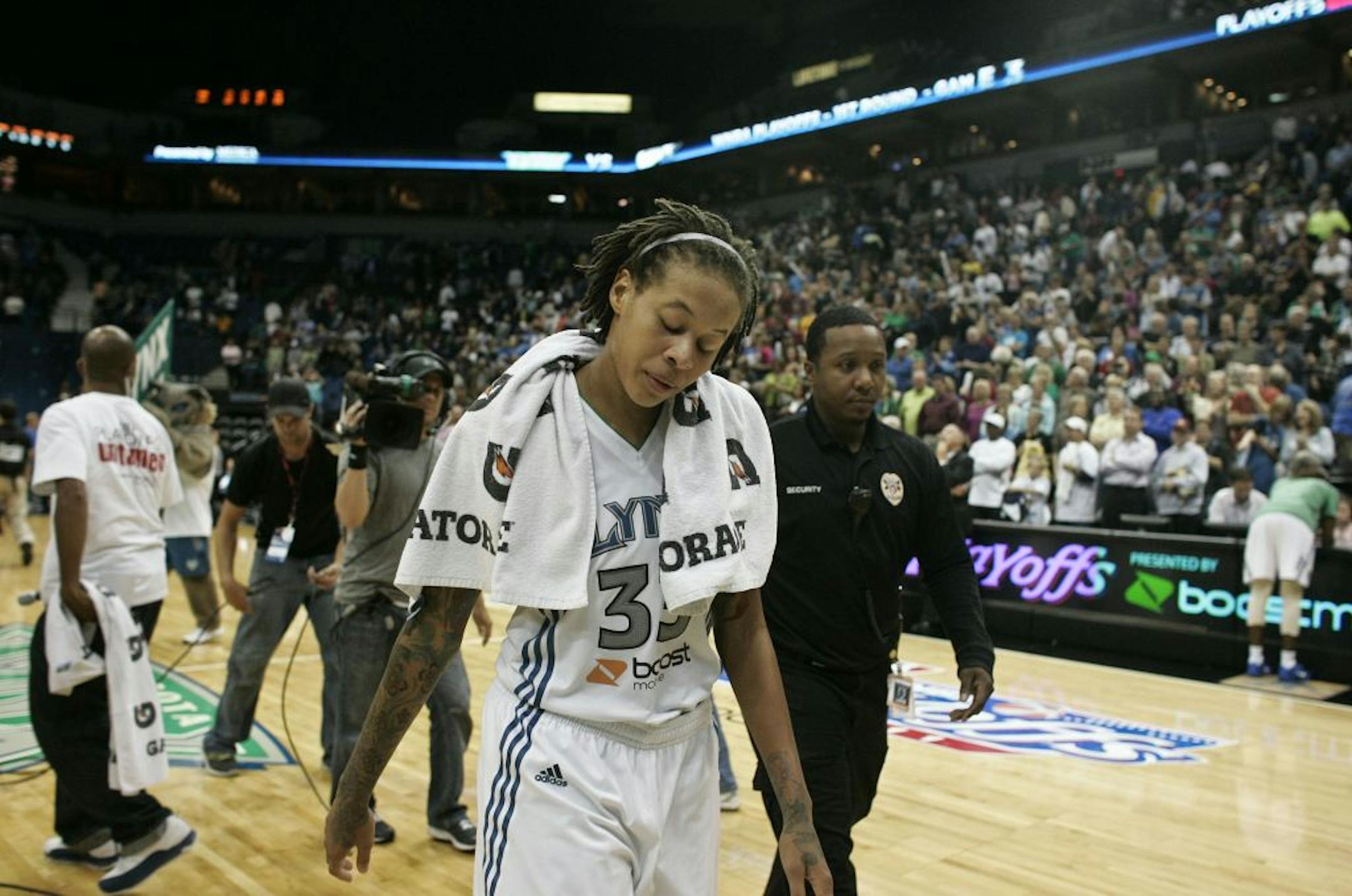 Seimone Augustus displayed a sense of relief after the Lynx defeated San Antonio on Tuesday night in the decisive Game 3 of the WNBA's Western Conference first-round series. Up next for the Lynx: the Phoenix Mercury in the conference finals, beginning Thursday.