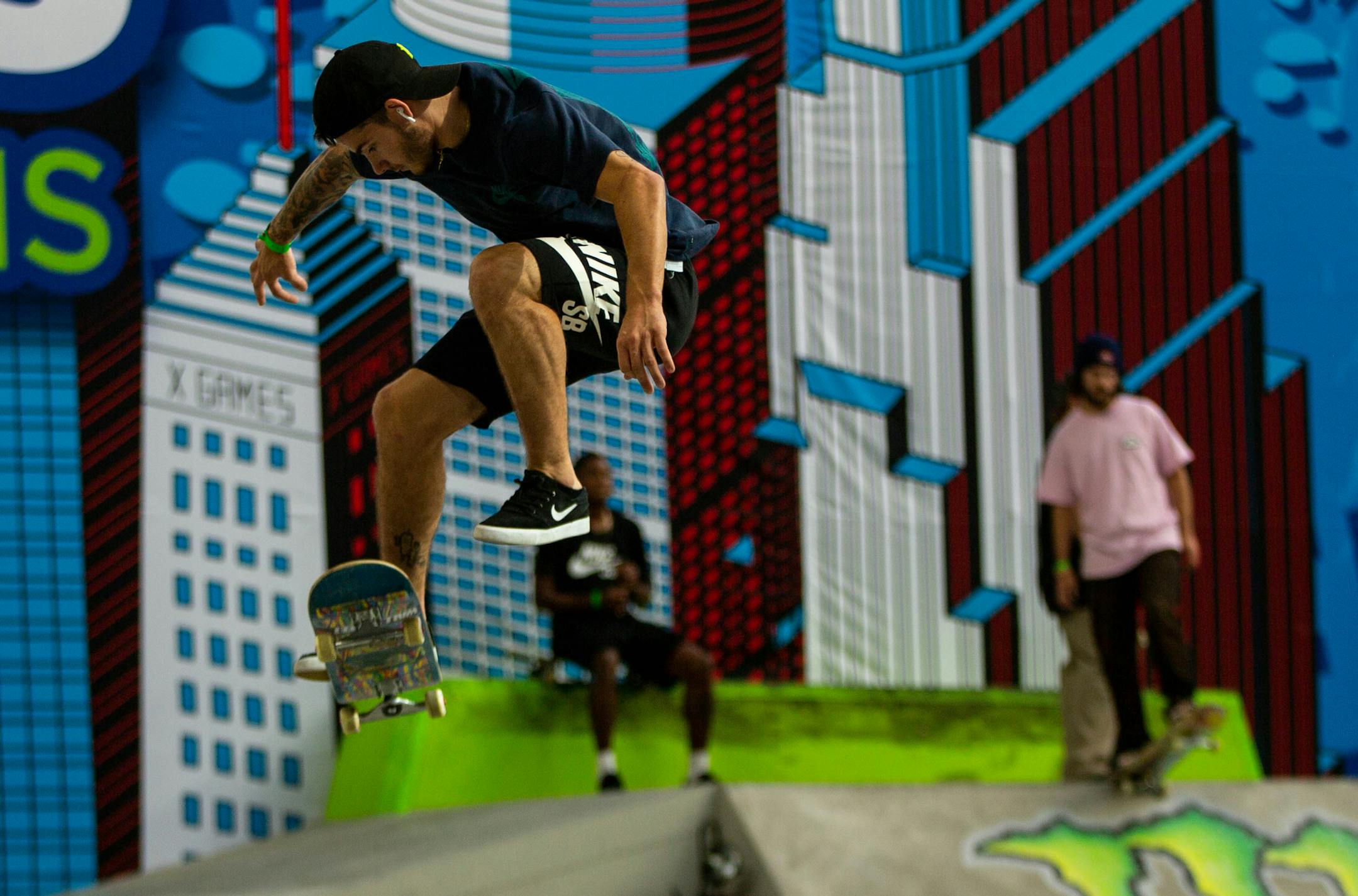 Aurelien Giraud practices before the Men's Skateboard Street elimination round at the X Games at U.S. Bank Stadium Friday, August 2, 2019. ] NICOLE NERI • nicole.neri@startribune.com