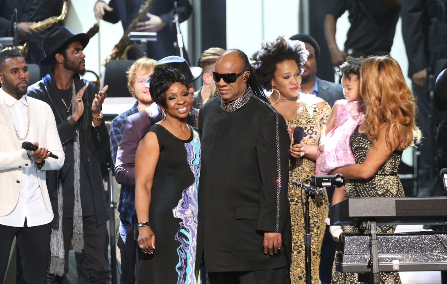 Stevie Wonder: Songs in the Key of Life -- An All-Star Grammy Salute: The live concert takes place at Nokia Theatre L.A. LIVE on Tuesday, Feb. 10. The two-hour special will be broadcast Monday, Feb. 16, 2015 (9:00-11:00 PM, ET/ PT) on the CBS Television Network. Two-time GRAMMY Award winner LL COOL J will host this very special tribute. Pictured L-R: Jason Derulo, Gary Clark, Jr., Ed Sheeran, Gladys Knight, Stevie Wonder, India.Arie, and Aisha Morris Photo: Monty Brinton/CBS &#x221a;?&#xac;&#xa9