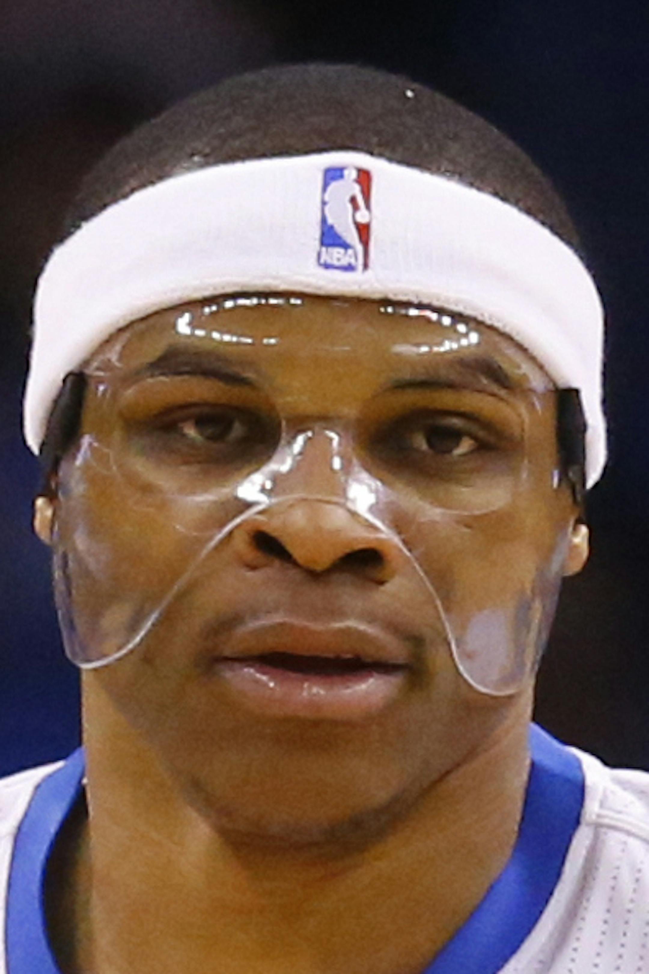 Oklahoma City Thunder guard Russell Westbrook (0) is pictured in the first half of an NBA basketball game against the Toronto Raptors in Oklahoma City, Sunday, March 8, 2015. (AP Photo/Sue Ogrocki)