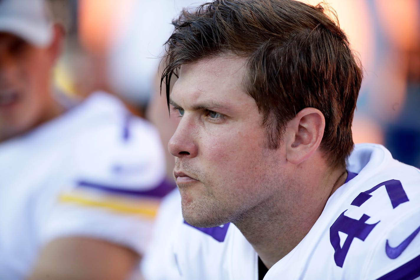 Minnesota Vikings long snapper Kevin McDermott watches during warm ups before an NFL football game against the Denver Broncos Saturday, Aug. 11, 2018, in Denver. (AP Photo/Jack Dempsey)