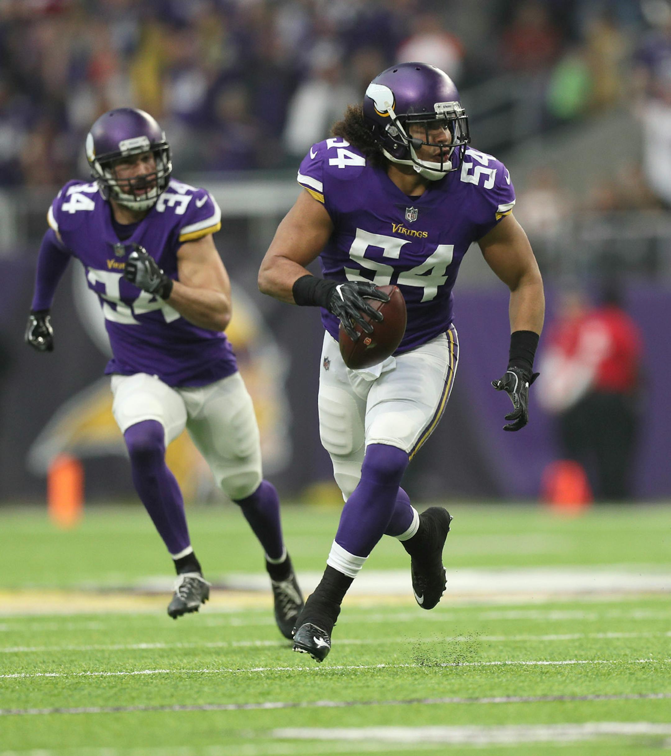 Vikings middle linebacker Eric Kendricks (54) returned an interception from Bengals quarterback Andy Dalton for a 30-yard touchdown. The Vikings defense was on its game in the first half, aided by a raucous crowd that rattled the Bengals offense.