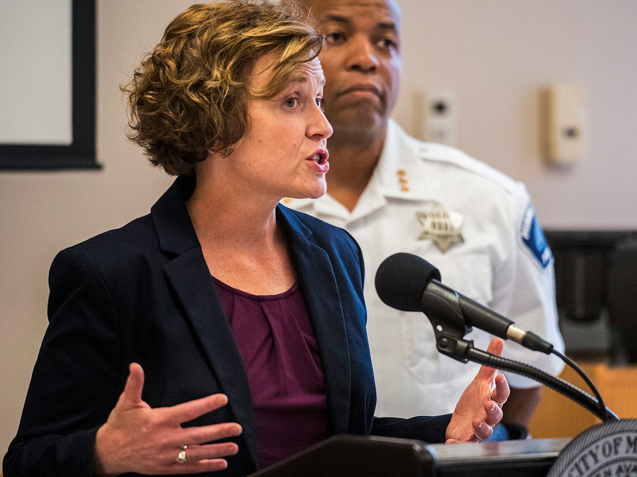 Minneapolis mayor Betsy Hodges and assistant police chief Medaria Arradondo addressed the media. They declined to comment on details of the officer shooting of a woman in south Minneapolis the night before because the BCA is assigned to the case.