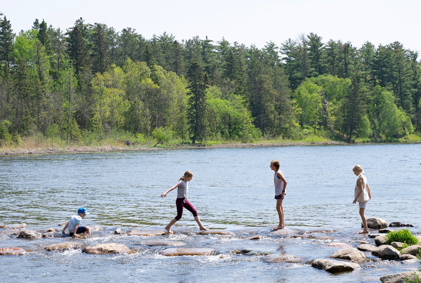 Young visitors hop from rock to rock as they cross the headwaters of the Mississippi River Friday, May 26, 2023, at Itasca State Park in Park Rapids, Minn. ]