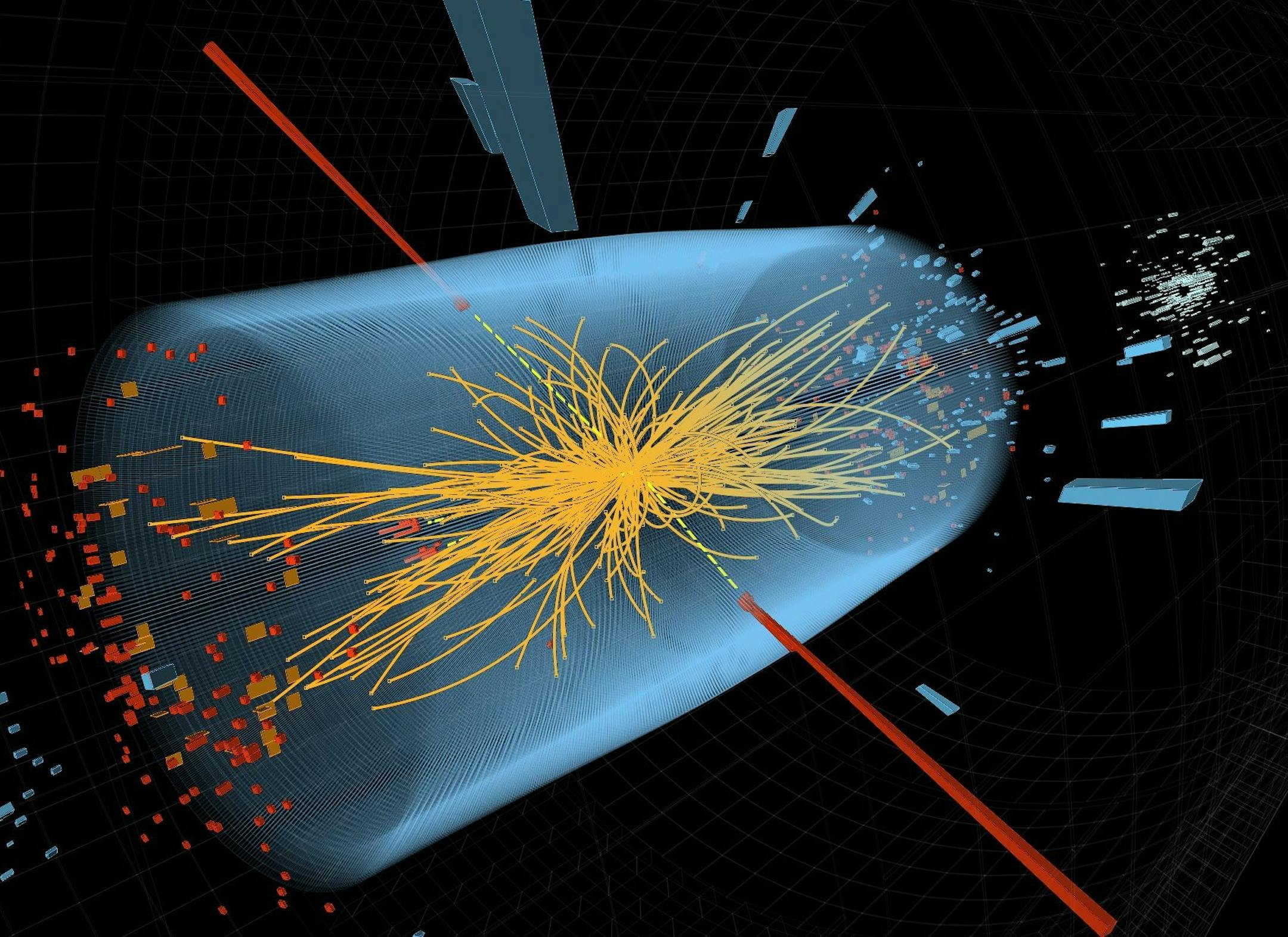 This undated image made available by CERN shows a typical candidate event including two high-energy photons whose energy (depicted by red towers) is measured in the CMS electromagnetic calorimeter. The yellow lines are the measured tracks of other particles produced in the collision. The pale blue volume shows the CMS crystal calorimeter barrel.