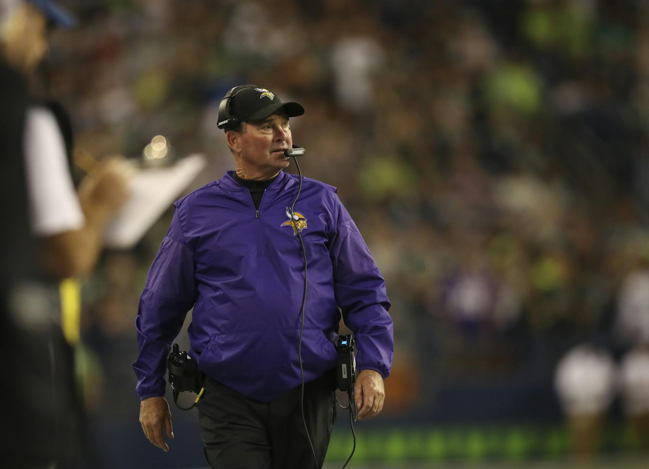 Vikings head coach Mike Zimmer walked the sideline in the second quarter.on Sunday.