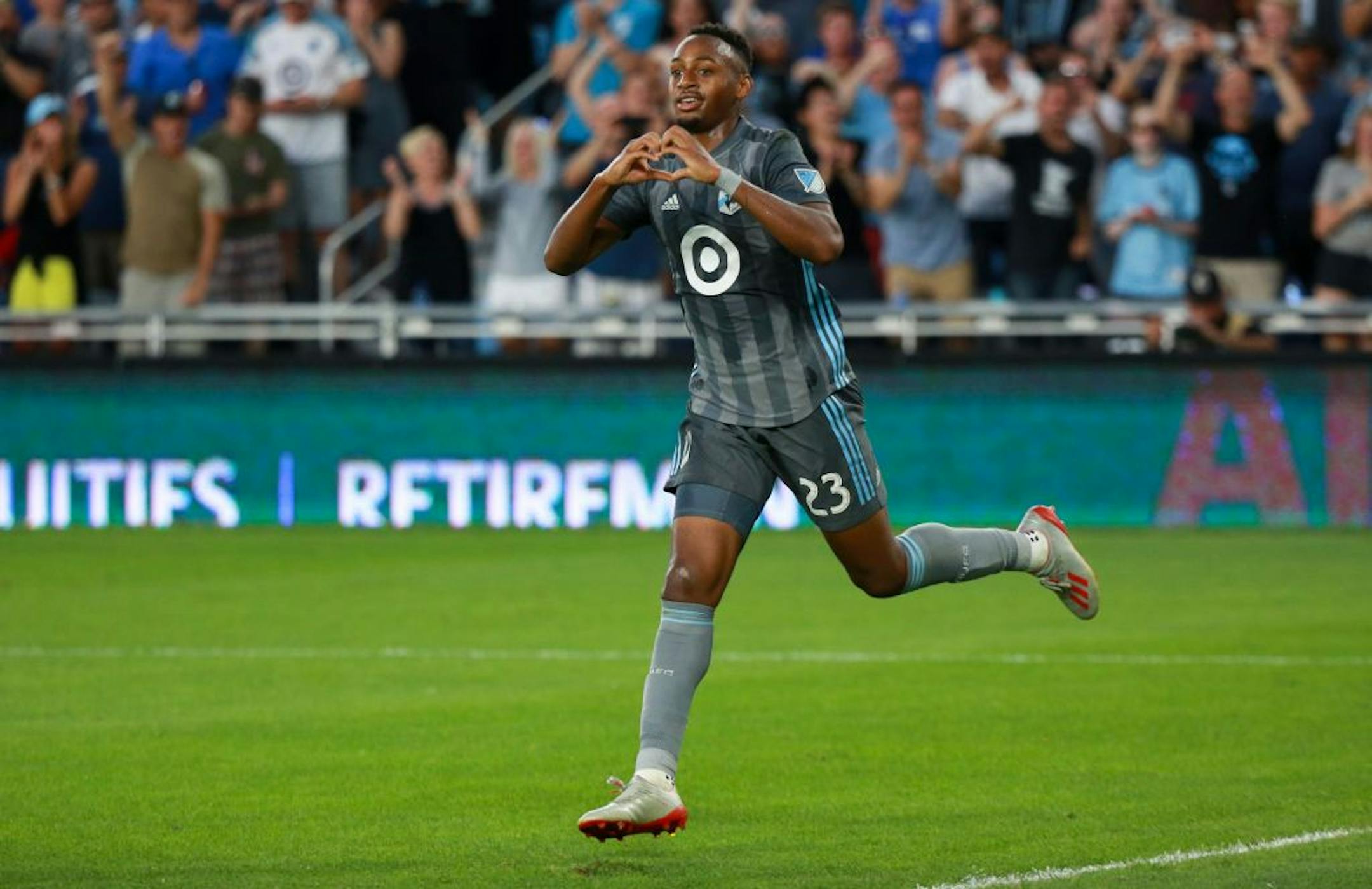 Minnesota FC forward Mason Toye (23) celebrates after scoring the game's only goal in stoppage time. ALEX KORMANN ¥ alex.kormann@startribune.com The Minnesota United FC took on FC Dalls on Saturday July 13, 2019 at Allianz Field in St. Paul, MN.