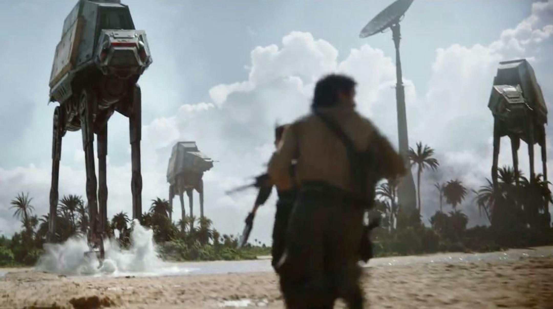 Imperial AT-ATs attack in "Rogue One: A Star Wars Story."