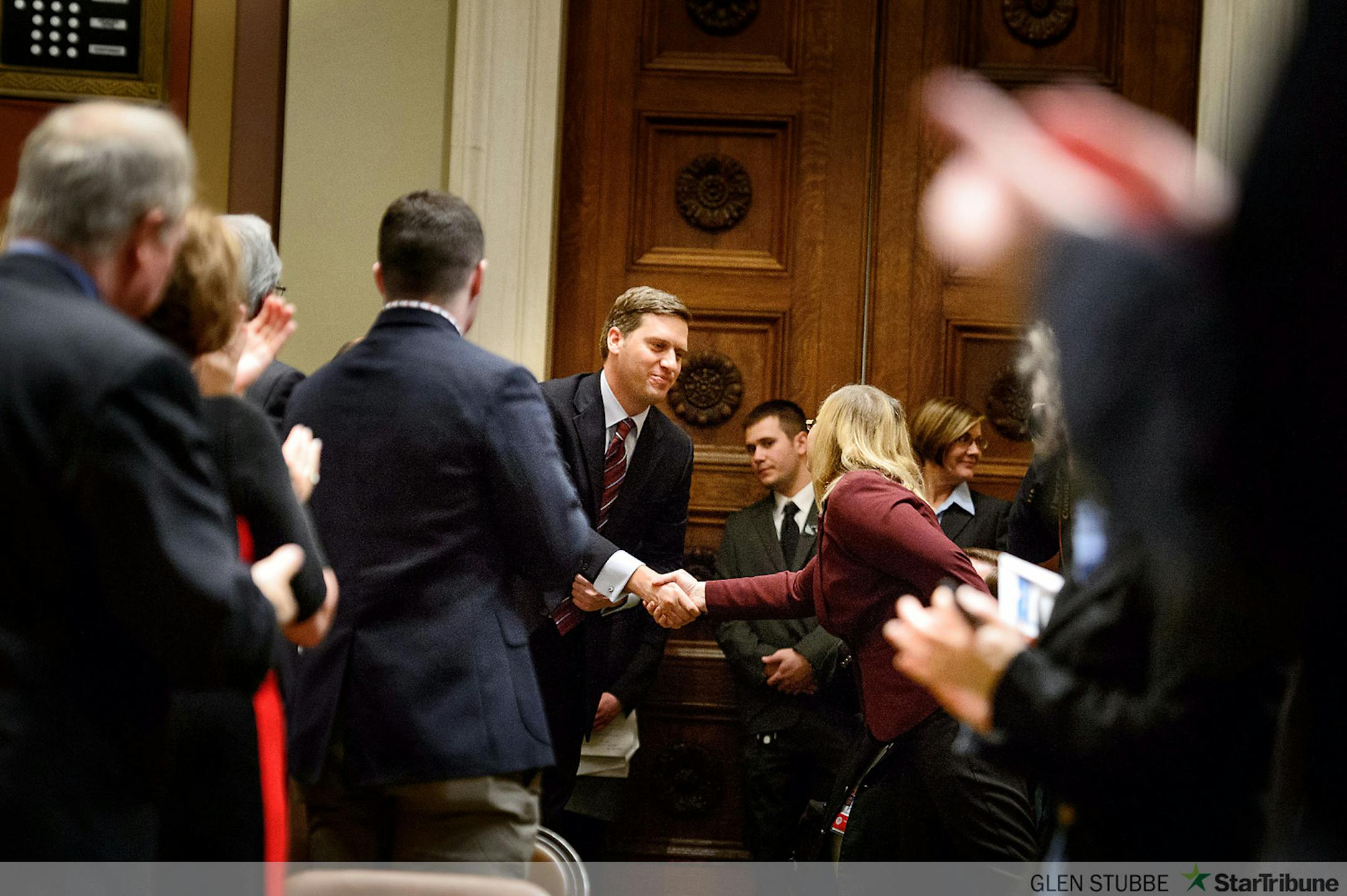 Rep. Kurt Daudt received applause and congratulations after being elected House Speaker.     ]   GLEN STUBBE * gstubbe@startribune.com   Tuesday, January 6,  2015  The Minnesota House and Senate re-convene, with much ceremony, family and guests. In the House, Speaker Kurt Daudt will take the gavel back for the GOP.