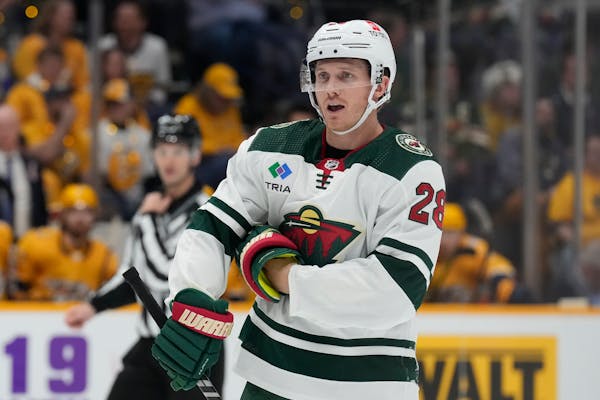 Minnesota Wild center Gustav Nyquist plays against the Nashville Predators during the first period of an NHL hockey game Thursday, April 13, 2023, in 