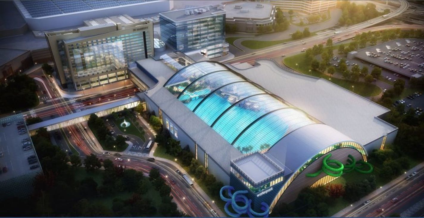 An updated rendering of a 250,000 square foot indoor water park proposed in front of the Mall of America in Bloomington.