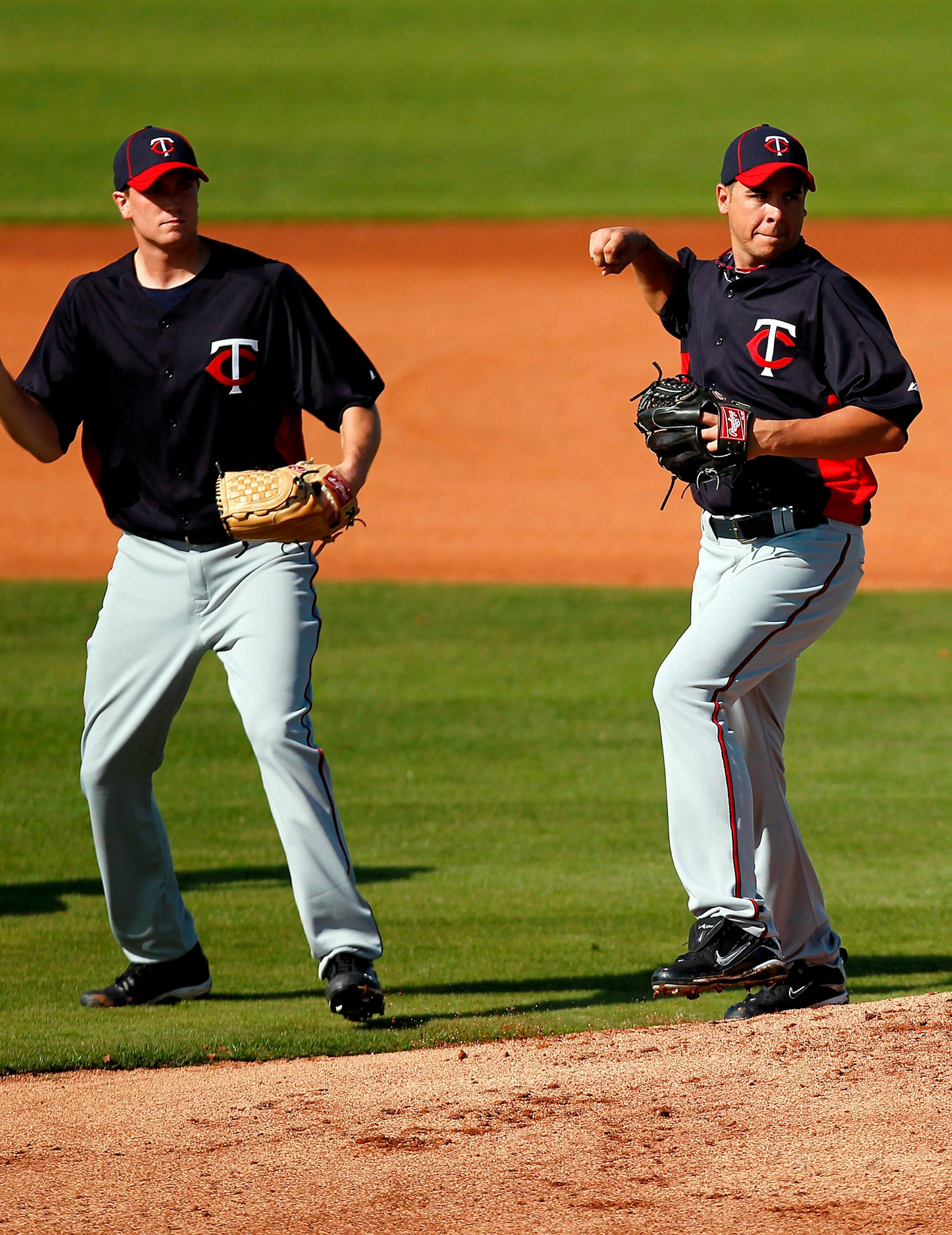 CARLOS GONZALEZ * cgonzalez@startribune.comFebruary 18, 2011 â\u20AC\u201C Fort Myers, FL â\u20AC\u201C Lee County Sports Complex / Hammond Stadium - MLB â\u20AC\u201C Minnesota â\u20AC\u201C Spring Training 2011 ] (l to r) Twins pitchers Kyle Gibson and Anthony Swarzak worked on drills during practice on Friday. Friday was the first official workout for Minnesota Twins pitchers and catchers.