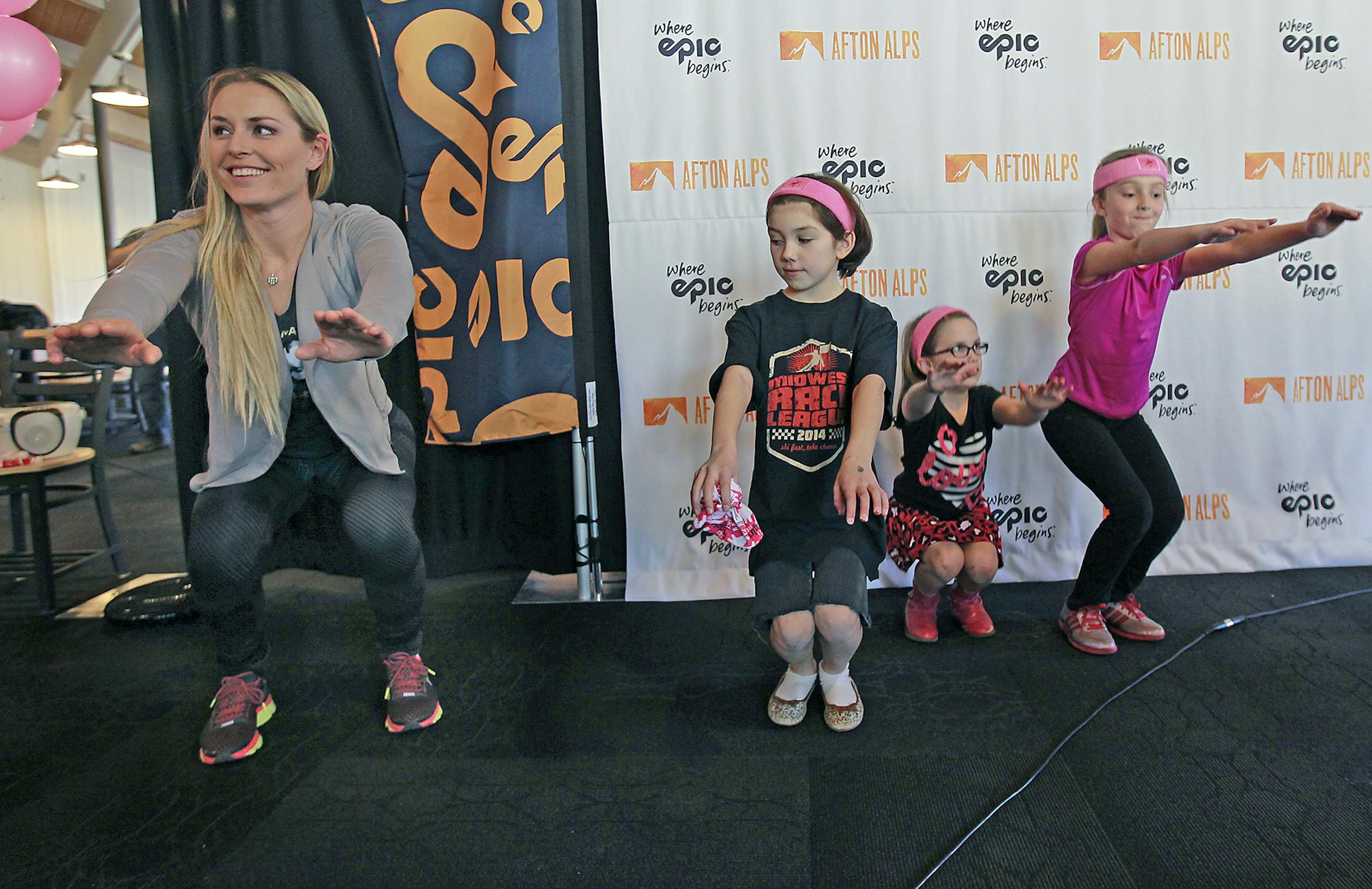 American World Cup alpine ski racer Lindsey Vonn celebrated a graduation with young female skiers at Afton Alps, Wednesday, April 1, 2015 in Afton, MN. Vonn participated in a private party with girls who graduated from the 2014/1015 Ski Girls Rock program that Vonn designed. The party included a special drylands workout session with the graduates and an autograph session. ] (ELIZABETH FLORES/STAR TRIBUNE) ELIZABETH FLORES &#x2022; eflores@startribune.com
