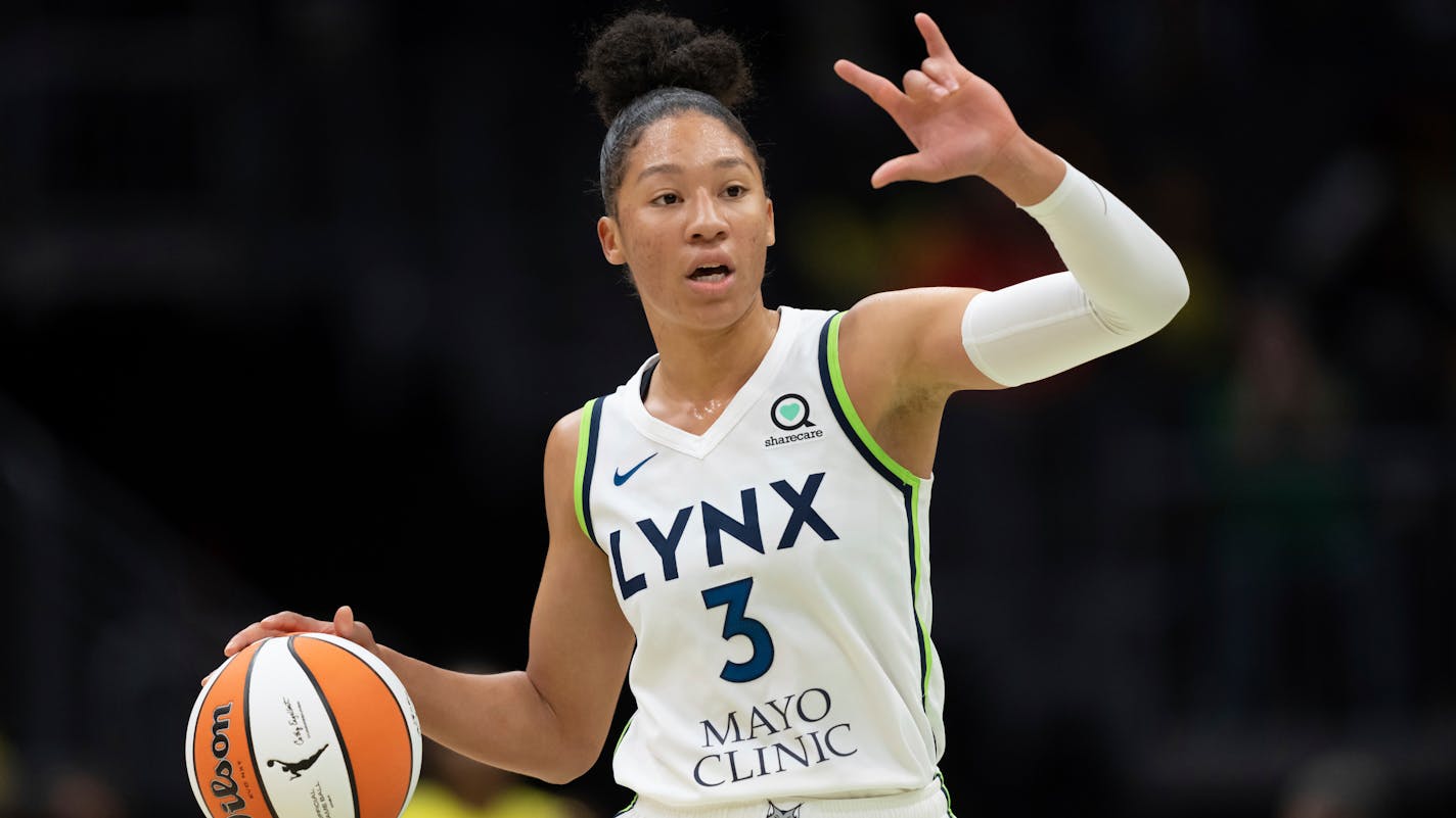 Minnesota Lynx forward-guard Aerial Powers dribbles the ball during a WNBA basketball game against the Seattle Storm, Friday, May 6, 2022, in Seattle. The Storm won 97-74. (AP Photo/Stephen Brashear)