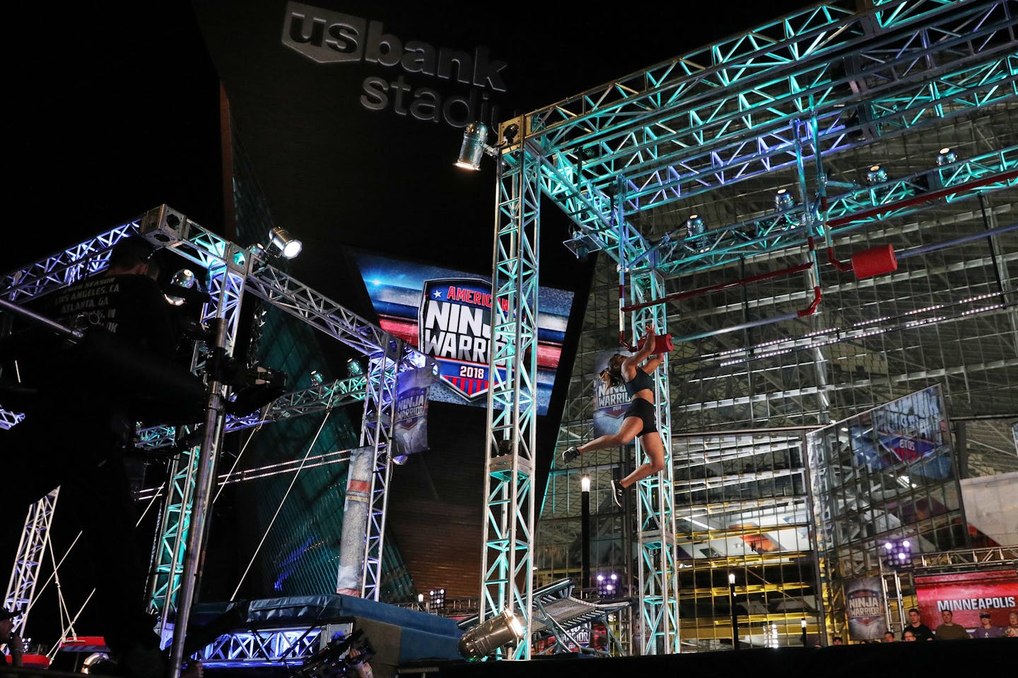 Contestant Meagan Martin made her way through the course. ] ANTHONY SOUFFLE &#xef; anthony.souffle@startribune.com The television show "American Ninja Warrior" taped two episodes Friday, May 25, 2018 outside U.S. Bank Stadium in Minneapolis.