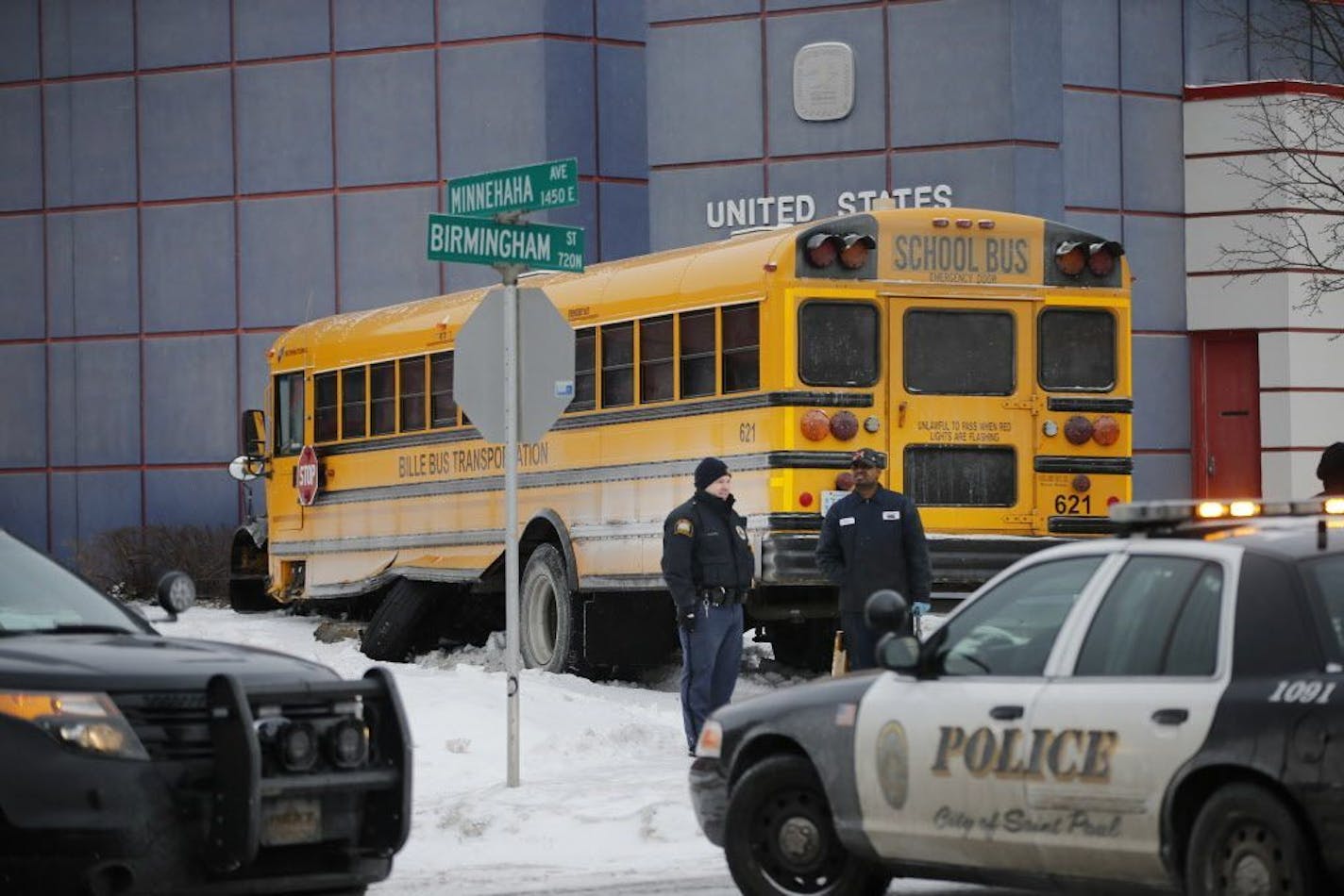 At the corner of Minnehaha Ave E. and Birmingham in St. Paul, a school bus nearly crashed into the frontage of the post office. A couple children were taken to the hospital with minor injuries.