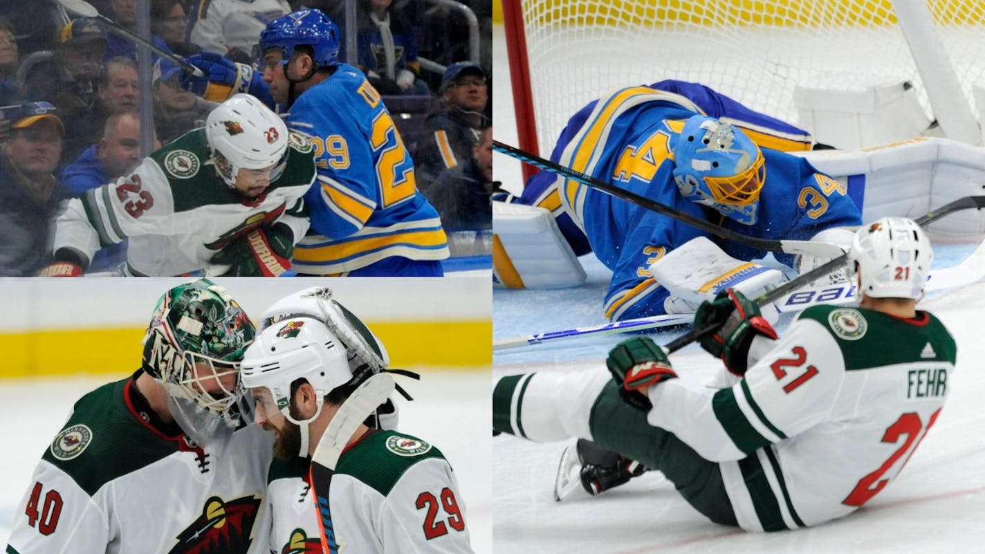 Three Wild newcomers have added quality depth in the early going (clockwise from right): center Eric Fehr, defenseman Greg Pateryn (29, with Devan Dubnyk) and winger J.T. Brown.