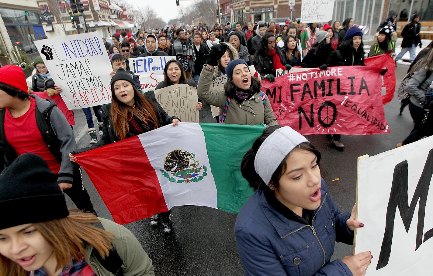 Students from Southwest, South, and Washburn marched along Nicollet Avenue towards Lake Street to protest the most recent deportations and raids, Wednesday, January 20, 2016 in Minneapolis, MN. (ELIZABETH FLORES/STAR TRIBUNE) ELIZABETH FLORES &#x2022; eflores@startribune.com