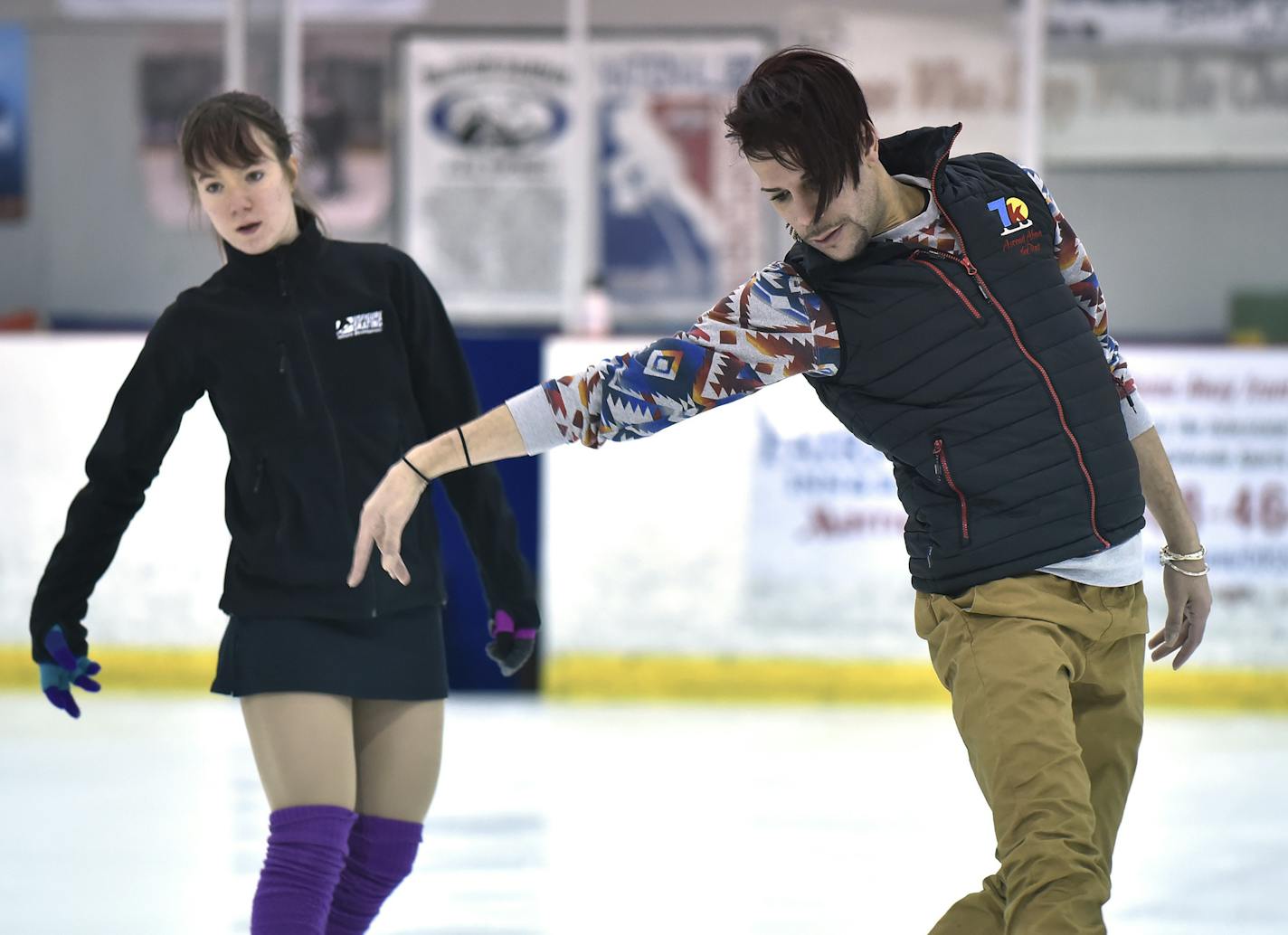 Monument, CO. January 17: 7K International Skating Academy artistic director Rohene Ward, right, works with student Sonja Hilmer during a practice session in Monument, Colorado, January 17, 2016. Ward will be performing during the opening ceremonies at the 2016 US Figure Skating Championships this week, as well as accompanying a number of his students to compete in the event. (Brenden Neville. Special to the Star Tribune)