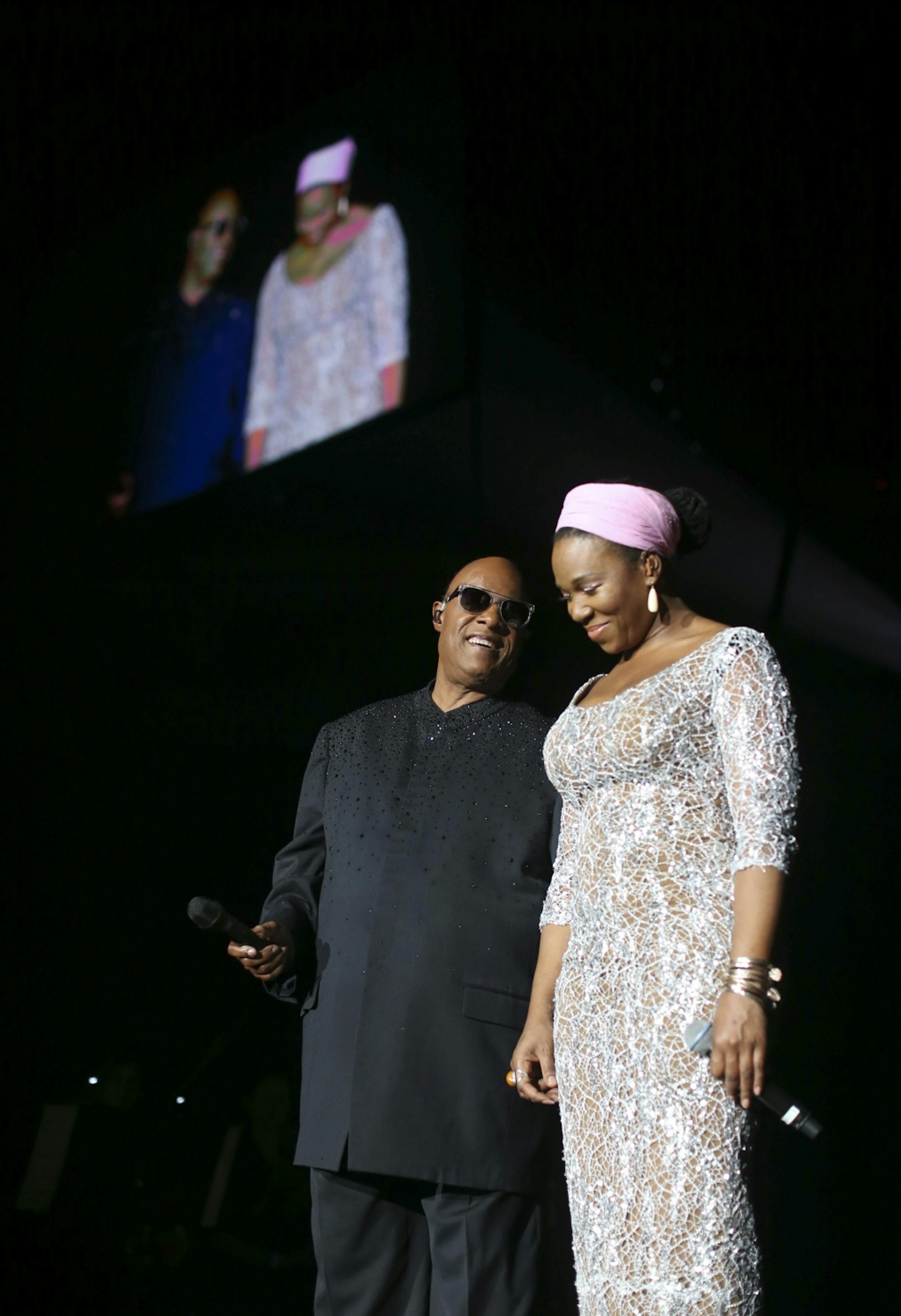 Stevie Wonder was escorted on stage by India Arie, who performed also performed with him. He greeted the audience before he began with the first cut on the album, "Love's in Need of Love Today" Sunday night at Target Center.