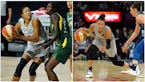 Lynx players Napheesa Collier (left) and Kayla McBride (right, who played for the Las Vegas Aces last season) might not be available for the May 14 re