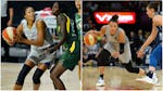 Lynx players Napheesa Collier (left) and Kayla McBride (right, who played for the Las Vegas Aces last season) might not be available for the May 14 re