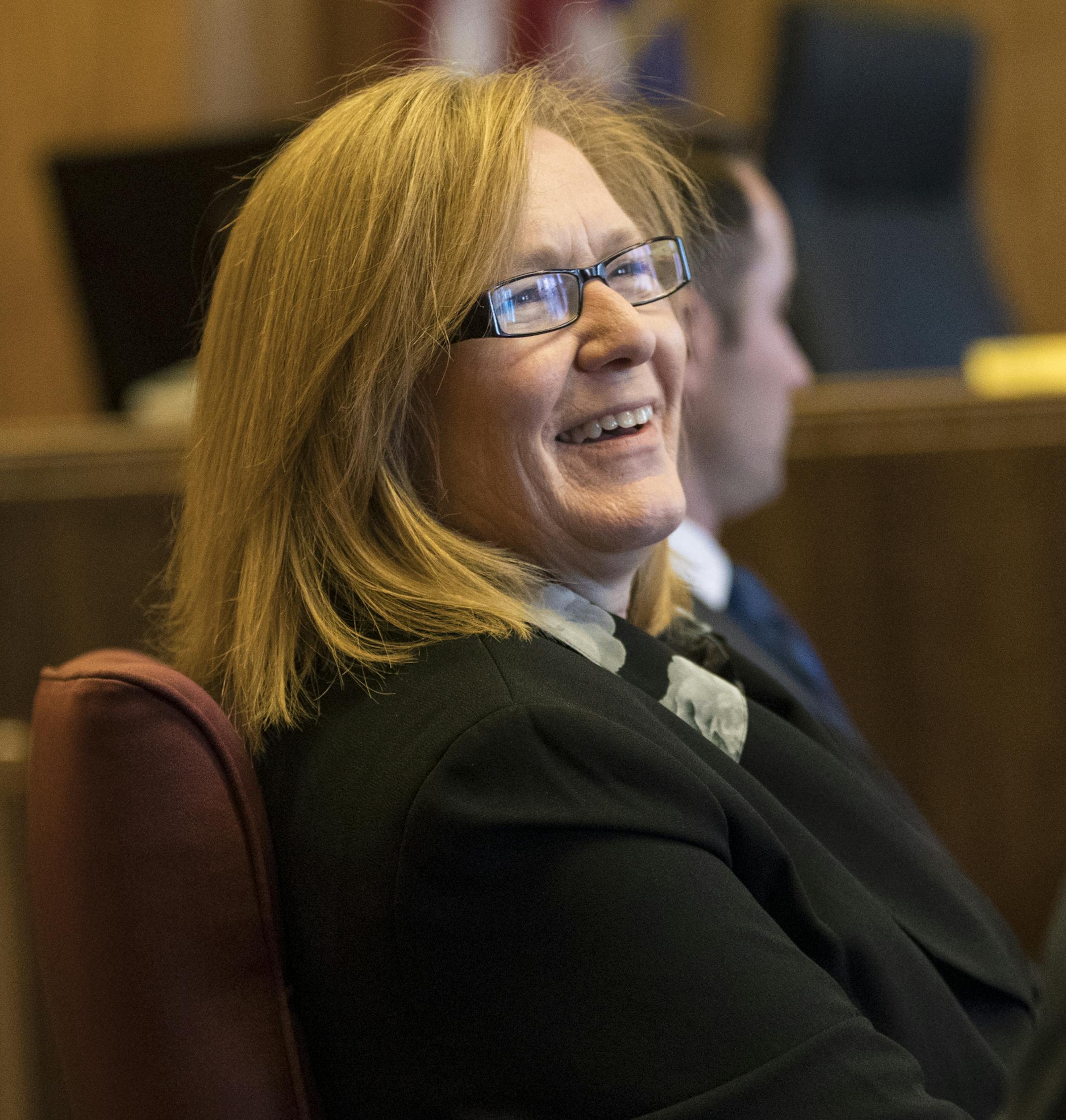 Lt. Gov. Michelle Fischbach chatted with one of her lawyers before a motion hearing in the civil lawsuit claiming she should give up her Senate seat after becoming Lieutenant Governor when former Lt. Gov. Sen. Tina Smith was appointed to the U.S. Senate. Photographed on Tuesday, February 6, 2018, at the Ramsey County Courthouse in St. Paul, Minn. ] RENEE JONES SCHNEIDER &#x2022; renee.jones@startribune.com