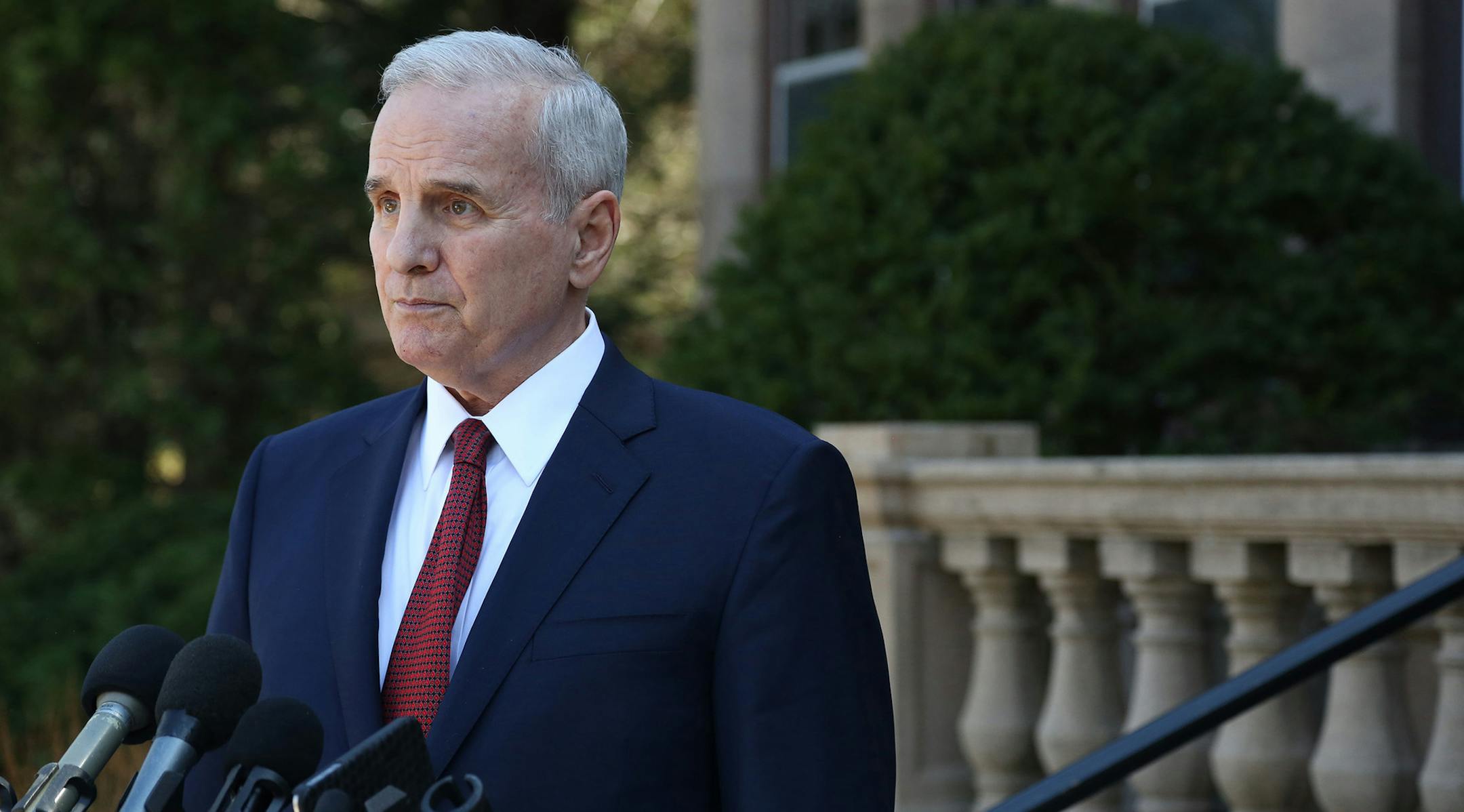 Gov. Mark Dayton talked to the media about his meeting with Dr. Bill McGuire and others on the plans for the new MLS stadium. ] (KYNDELL HARKNESS/STAR TRIBUNE) kyndell.harkness@startribune.com Dr. Bill McGuire meets with the governor at the governor's mansion in St. Paul, Min., Tuesday, April 14, 2014. ORG XMIT: MIN1504141444521543