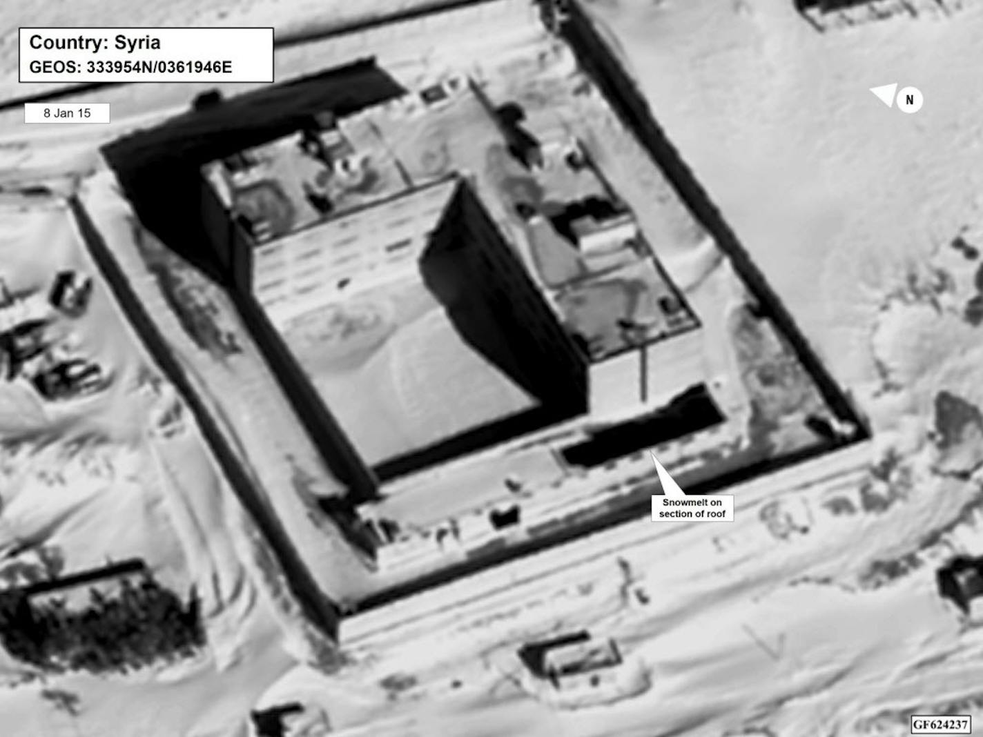 A satellite image of what the State Department described as a building in a prison complex in Syria that was modified to support a crematorium.