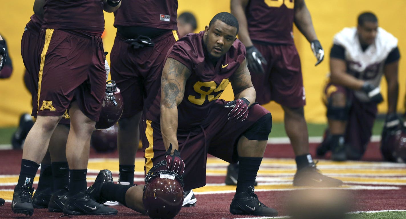 The University of Minnesota football team held their first day of spring practice indoors at the Gibson-Nagurski Football Complex Tuesday afternoon, March 26, 2013 in Minneapolis, Minn. Defensive tackle Ra'Shede Hageman took a knee for a moment between drills during the first day of spring practice. ] JEFF WHEELER &#x201a;&#xc4;&#xf6;&#x221a;&#xd1;&#xac;&#xa2; jeff.wheeler@startribune.com ORG XMIT: MIN1303261914131277