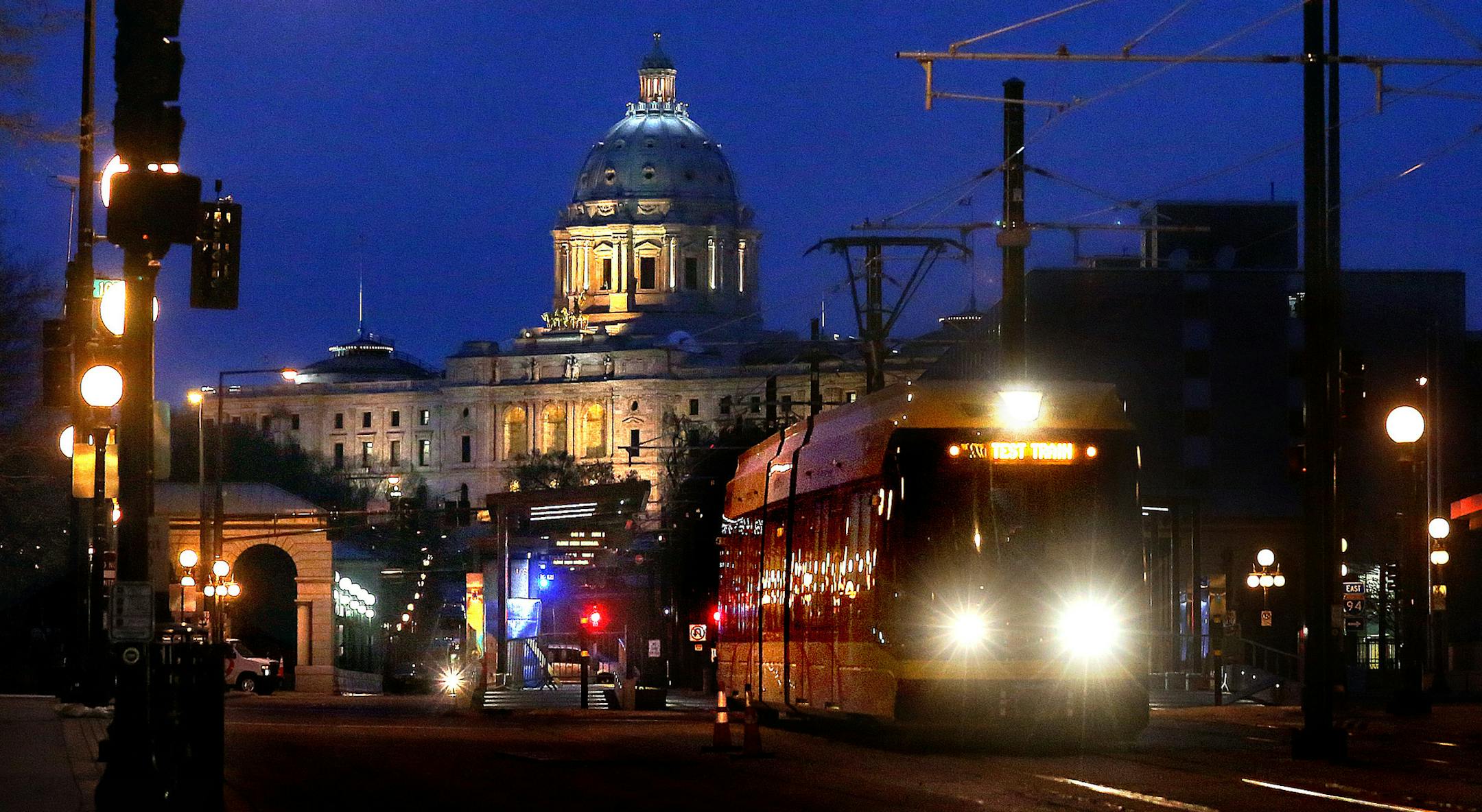 A test train returned to St. Paul along Cedar Street after making a trip to Minneapolis along the new Green Line.