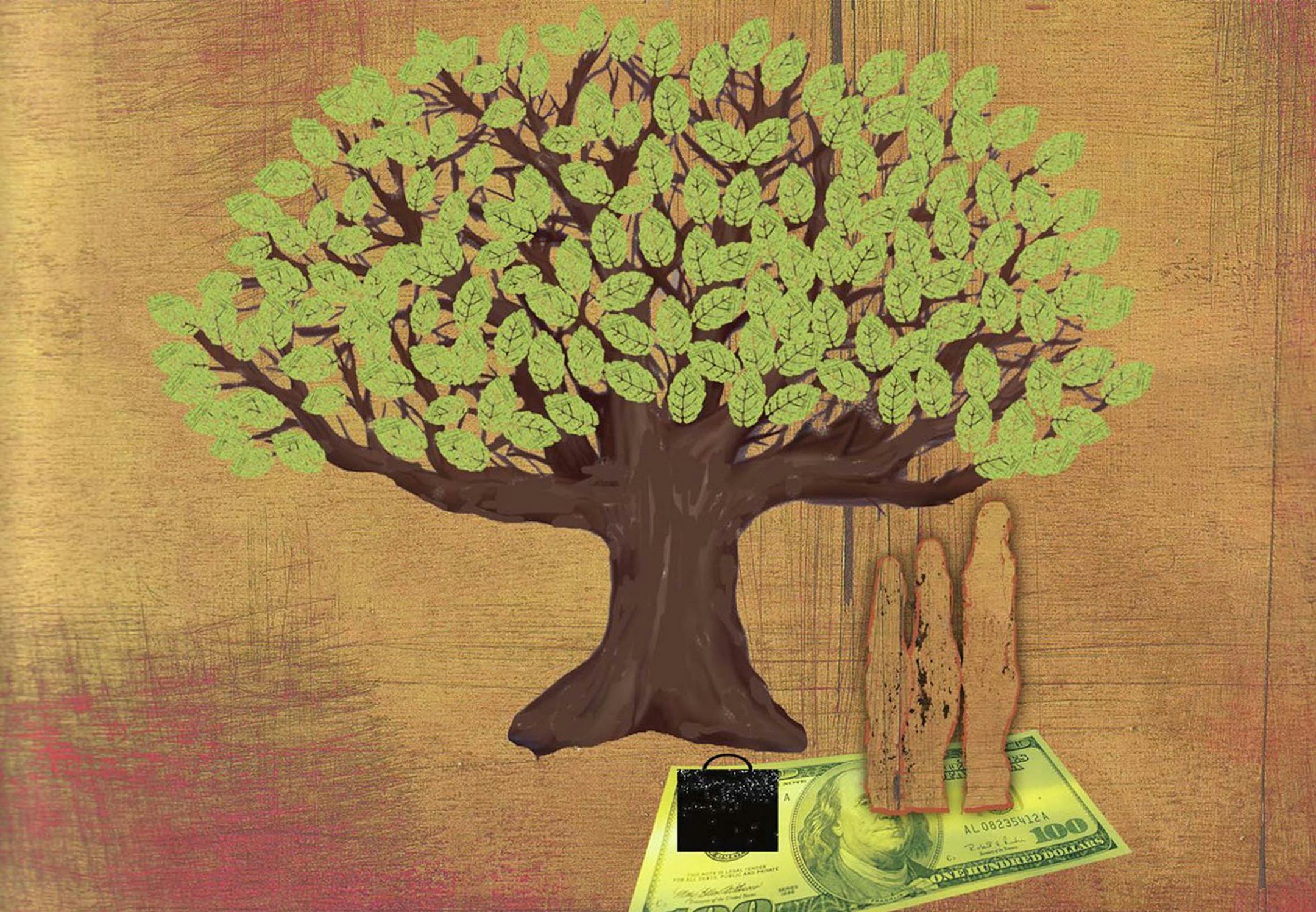 Laurie Harker color illustration of family standing on cash and portfolio under leafy branches of large tree. Minneapolis Star Tribune 2006<p> family finance money tree financial picnic portfolio life genealogy death taxes inheritance tax savings debt plant garden leaf leaves krtbusiness business, krtnational national, krtnamer north america, krtpersonalfinance personal finance, krtusbusiness, retire, retirement, u.s. us united states, krt, mctillustration, illustration ilustracion grabado famil