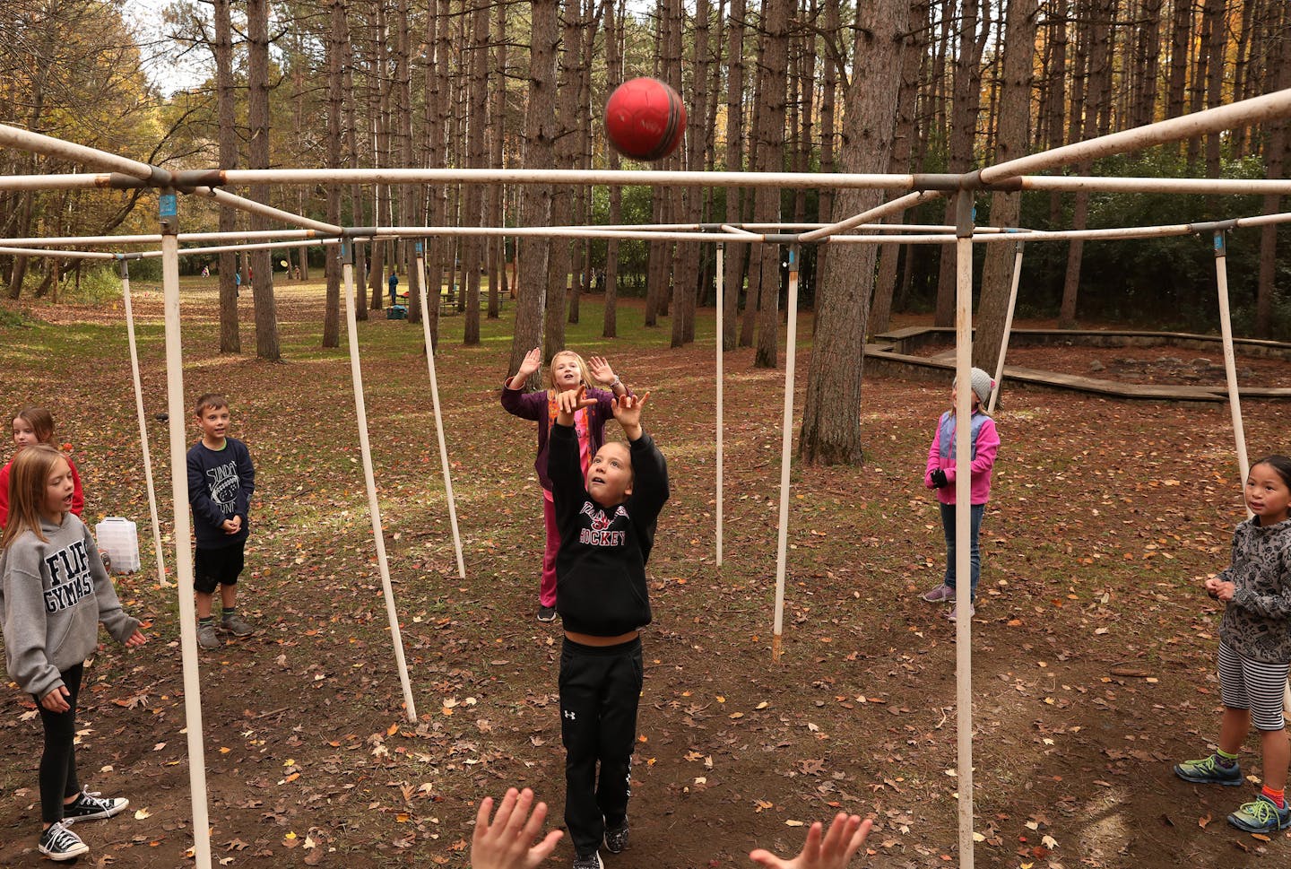 Third graders Joss Vodden and Jacky Richert played a game during recess. ] ANTHONY SOUFFLE &#xef; anthony.souffle@startribune.com Students spent a typical school day in a unique setting at River Grove, new charter school with an emphasis on environment and the arts, Wednesday, Oct. 18, 2017 near Marine on St. Croix, Minn. The school is housed in a series of buildings at a former retreat complex surrounded by forest.