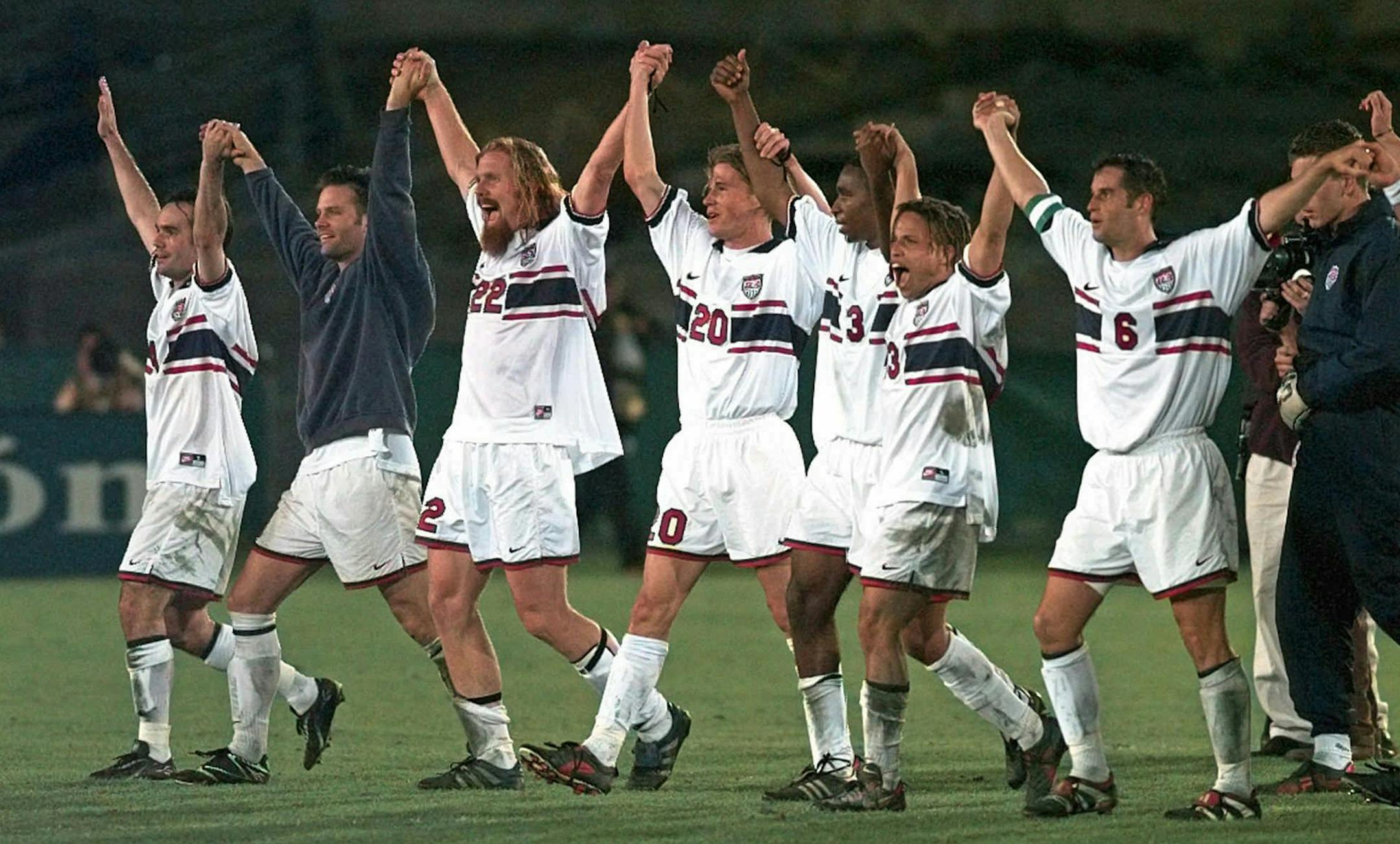Team USA celebrates after defeating Brazil with their first score against the team in 68 years during CONCACAF Gold Cup play in Los Angeles, Tuesday, Feb. 10, 1998. USA won 1-0. (AP Photo/Press-Telegram, Matthew J. Lee) ORG XMIT: CALON108