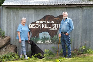 Janet Peterson, 75, her husband LeRoy Peterson, 85, and their dog Bailey, 10, maintain an archaeological site in their backyard in Granite Falls, Minn