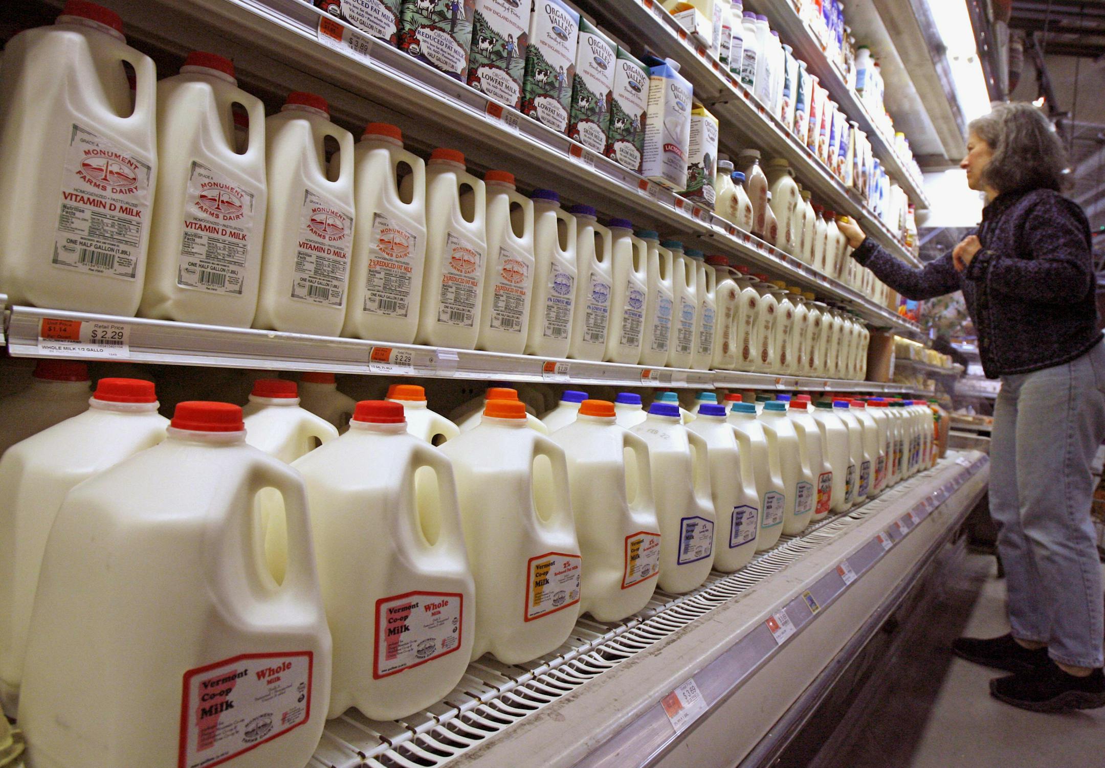 FILE - This Feb. 11, 2009 file photo shows a shopper looking over the milk aisle at the Hunger Mountain Co-op in Montpelier, Vt. Approval of a massive farm bill _ and the cost of a gallon of milk _ could hinge on a proposed new dairy program the House is expected to vote on this week. (AP Photo/Toby Talbot, File) ORG XMIT: MIN2013062018585468
