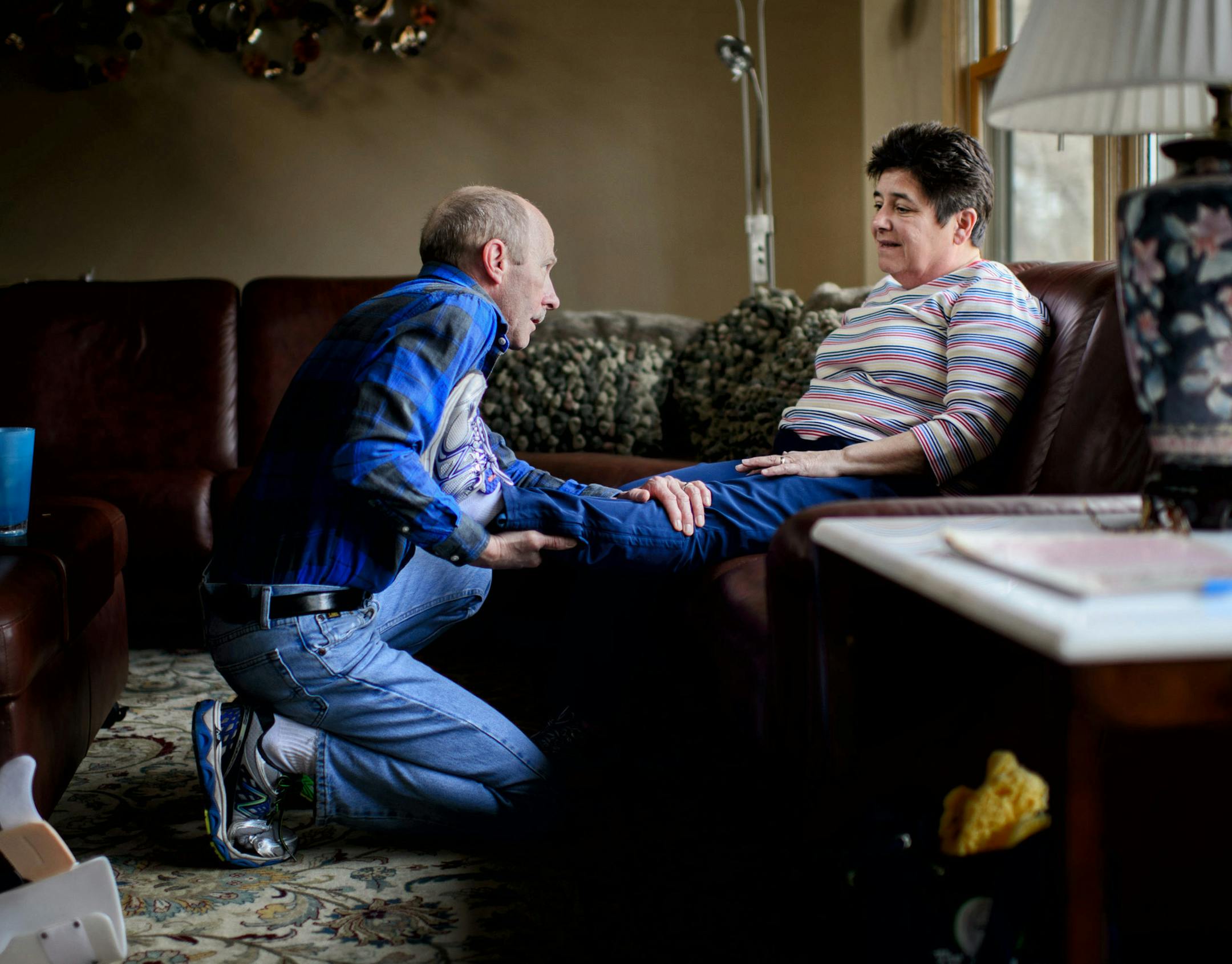 Linda Griffiths's husband Jim stretched her calf muscles in an attempt to slow the advancement of her ALS. ] GLEN STUBBE * gstubbe@startribune.com Thursday, March 12, 2015 As Linda Griffiths' ALS progresses rapidly, her treatment is limited to antidepressants and medications to keep incontinence at bay while her body deteriorates. A new experimental called GM-604 has showed positive results in a small sampling of test patients, and Griffiths would like to try it. Under an aptly named piece of st