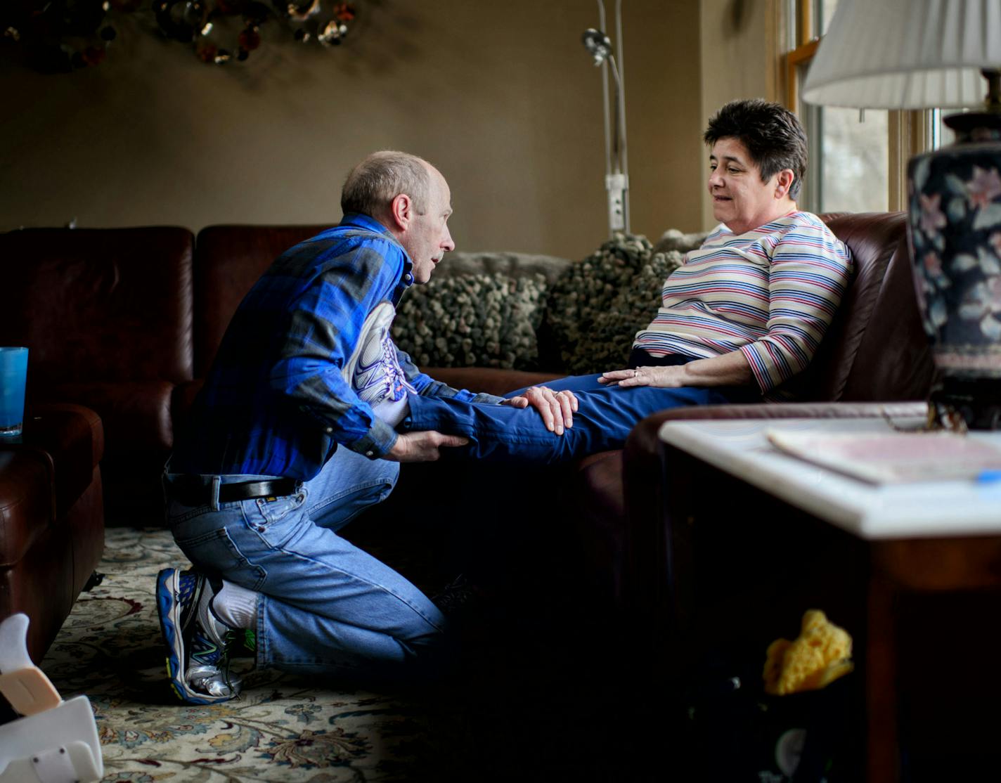 Linda Griffiths's husband Jim stretched her calf muscles in an attempt to slow the advancement of her ALS. ] GLEN STUBBE * gstubbe@startribune.com Thursday, March 12, 2015 As Linda Griffiths' ALS progresses rapidly, her treatment is limited to antidepressants and medications to keep incontinence at bay while her body deteriorates. A new experimental called GM-604 has showed positive results in a small sampling of test patients, and Griffiths would like to try it. Under an aptly named piece of st