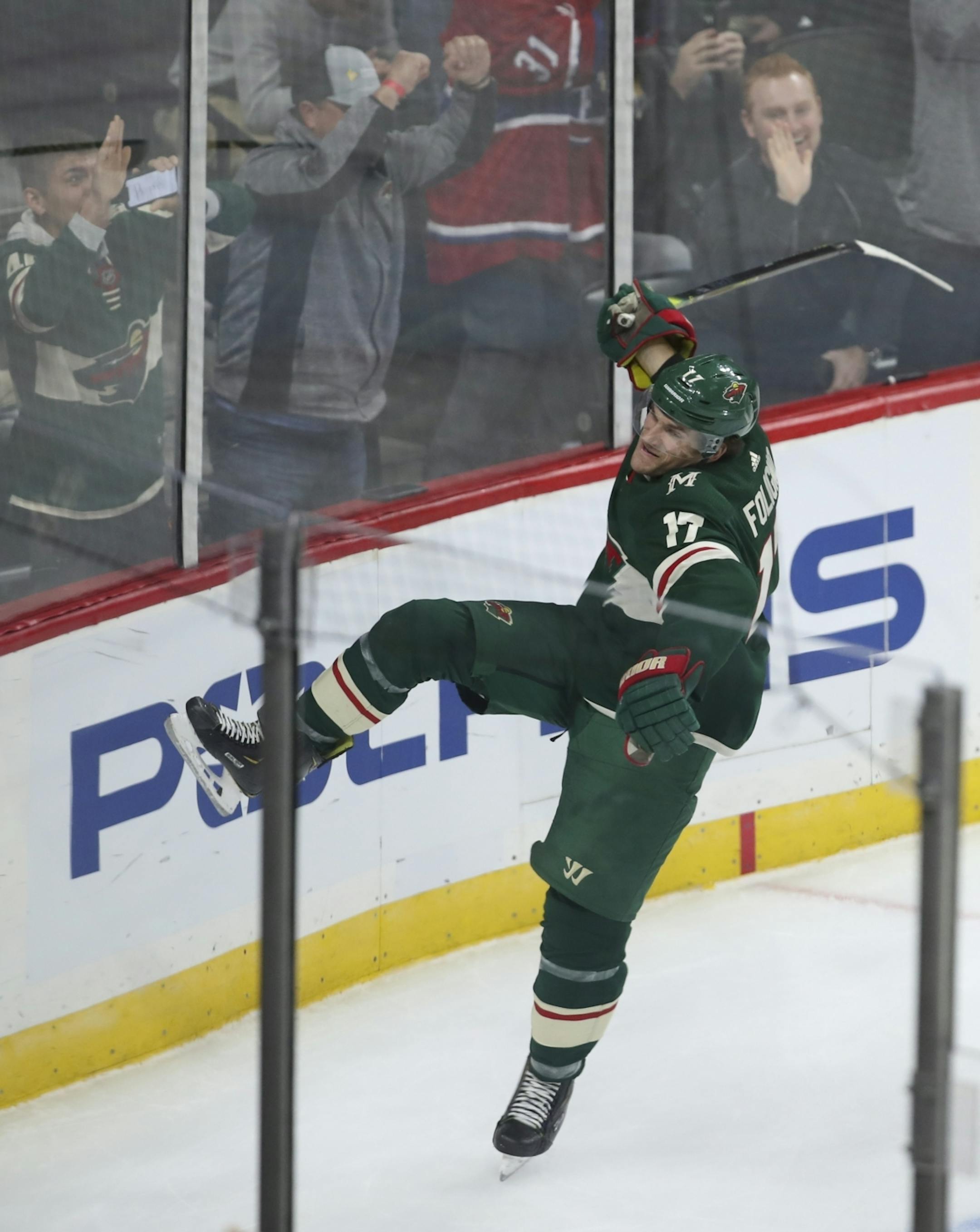 Minnesota Wild left wing Marcus Foligno (17) celebrated his game tying goal late in the second period.