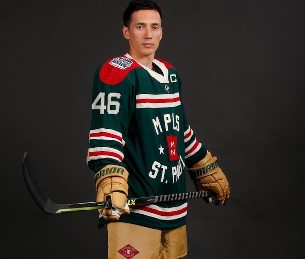 Captain and defenseman Jared Spurgeon modeled the Wild’s jersey for the Winter Classic at Target Field on Saturday.