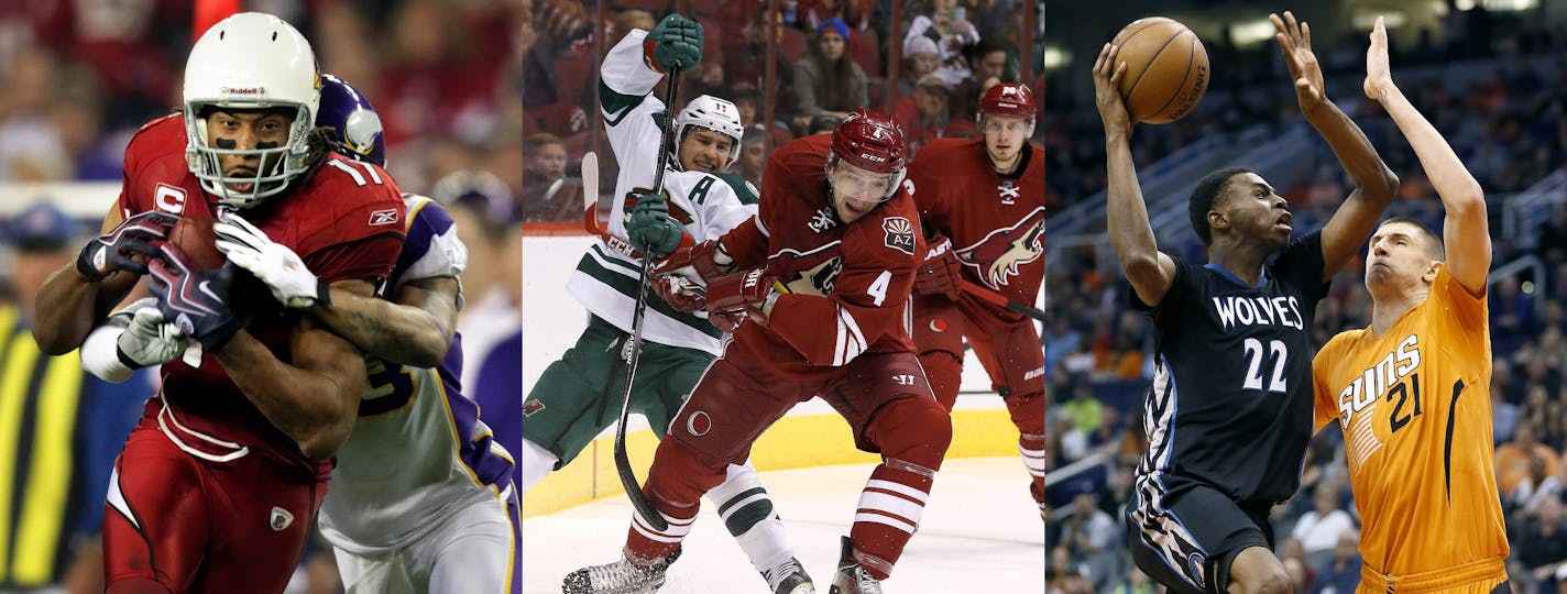 Fans can see the Vikings play the Cardinals and star Larry Fitzgerald Jr., the Wild and Zach Parise and the Wolves&#x2019; and Andrew Wiggins in a four-day span in December in Phoenix this year.