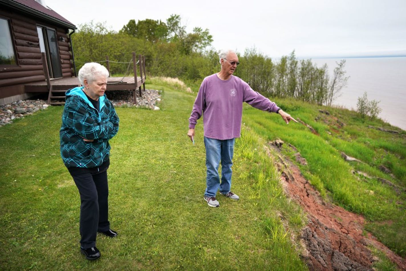 Mike and Kathy Briggs, of Cannon Falls, bought a little log cabin on the south shore of Lake Superior 21 years ago as their dream property. But in the past four years or so, the property has been shrinking. The edge of the clay cliff in front of their structure has been creeping closer, about 20 feet a year as Lake Superior eats away at it. It's now about 10 feet away from their deck.