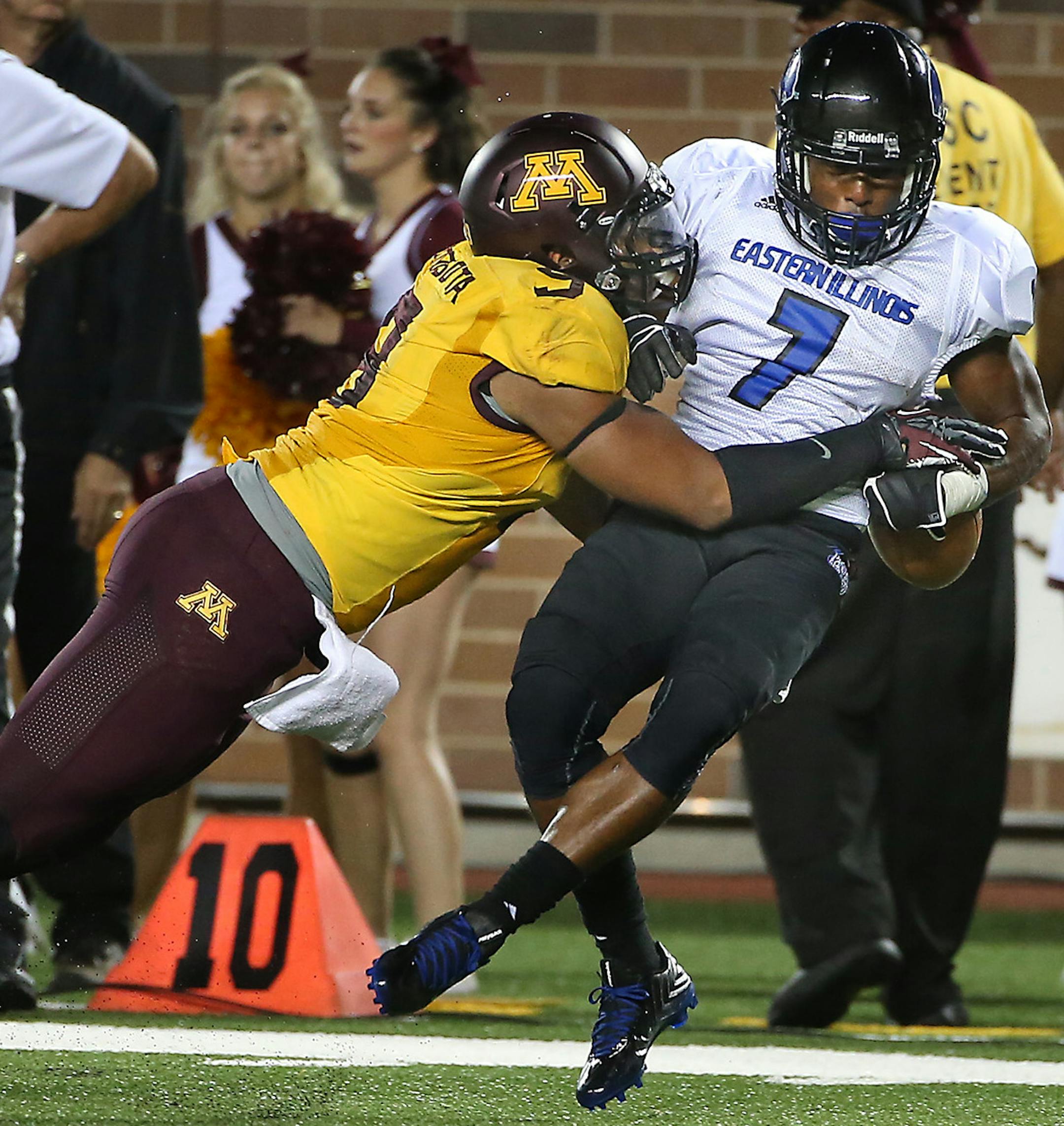 Minnesota defensive lineman Alex Keith forced a turnover after tackling Eastern Illinois safety Bradley Dewberry. Keith suffered a knee injury later in the game.