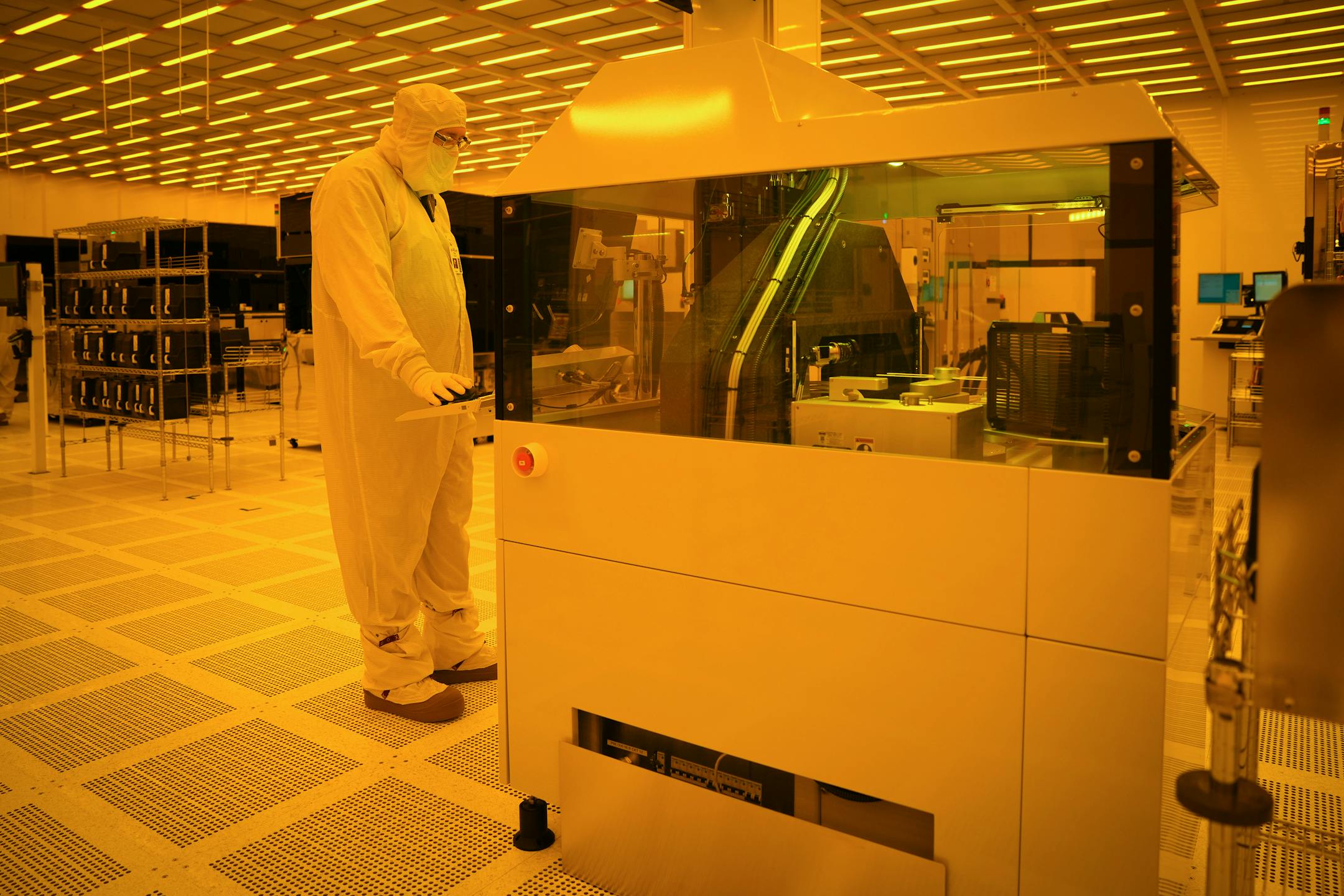 Polar Semiconductor employees work in one of three fabrication areas inside the company's expansive clean room.