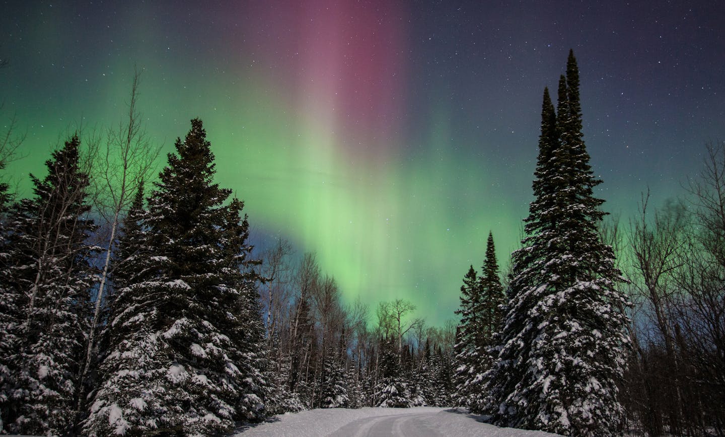 The Northern Lights put on a show during a Grand Marais winter.