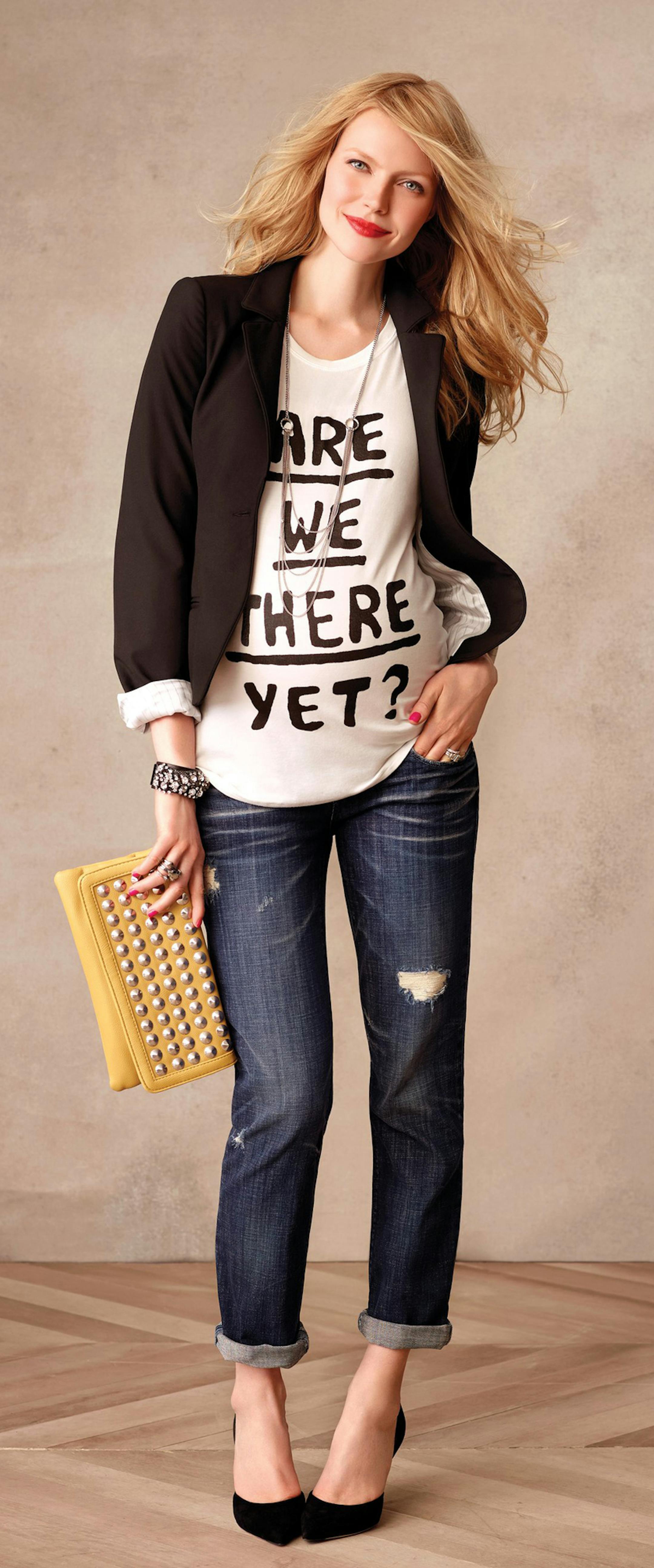 One-Button Blazer ($149.50) and Are We There Yet Tee ($45, apeainthepod.com). (MCT) ORG XMIT: 1142536