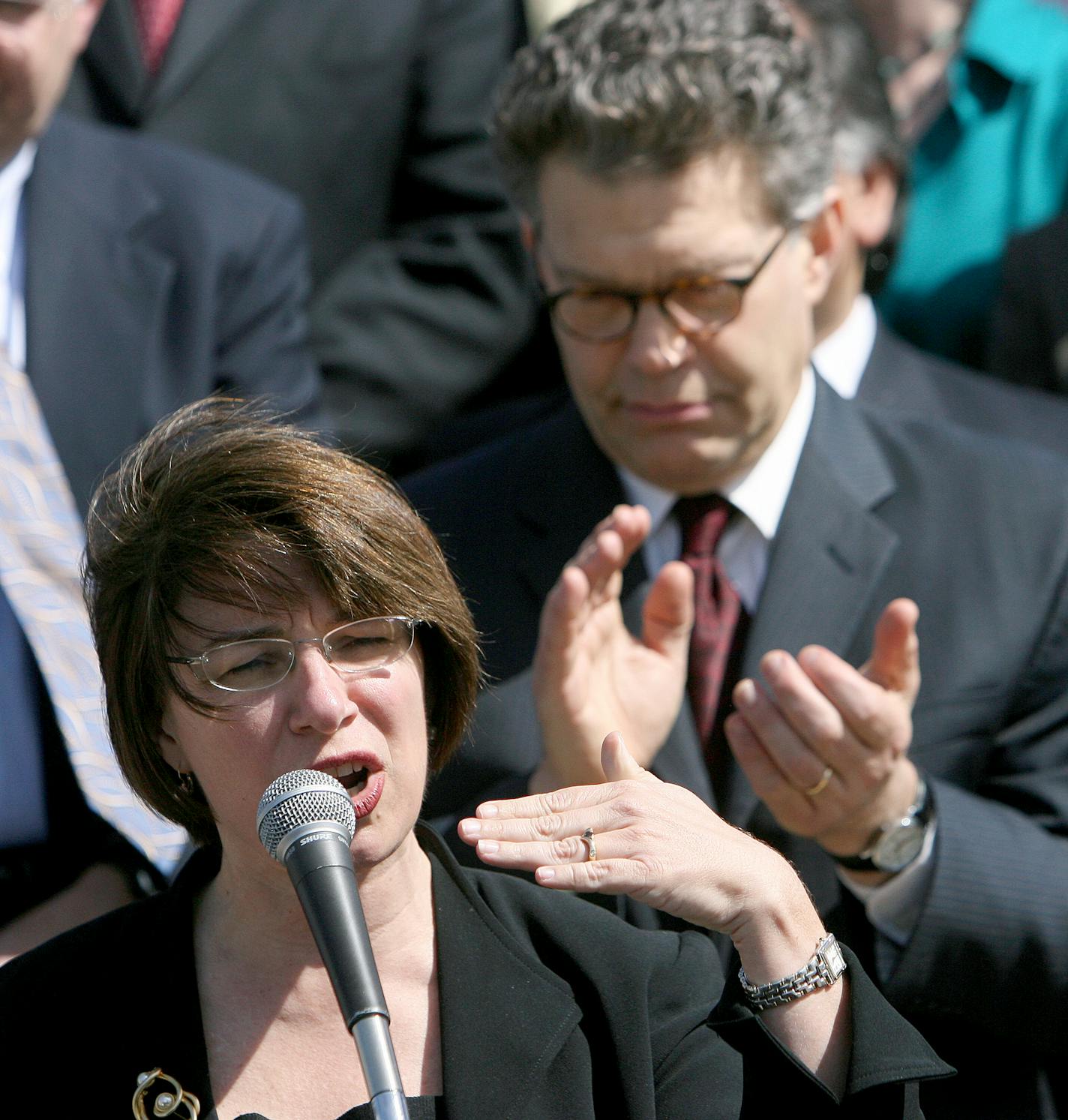 U.S. Sen Amy Klobuchar joined Franken in taking aim at Republican Sen. Norm Coleman at the rally.