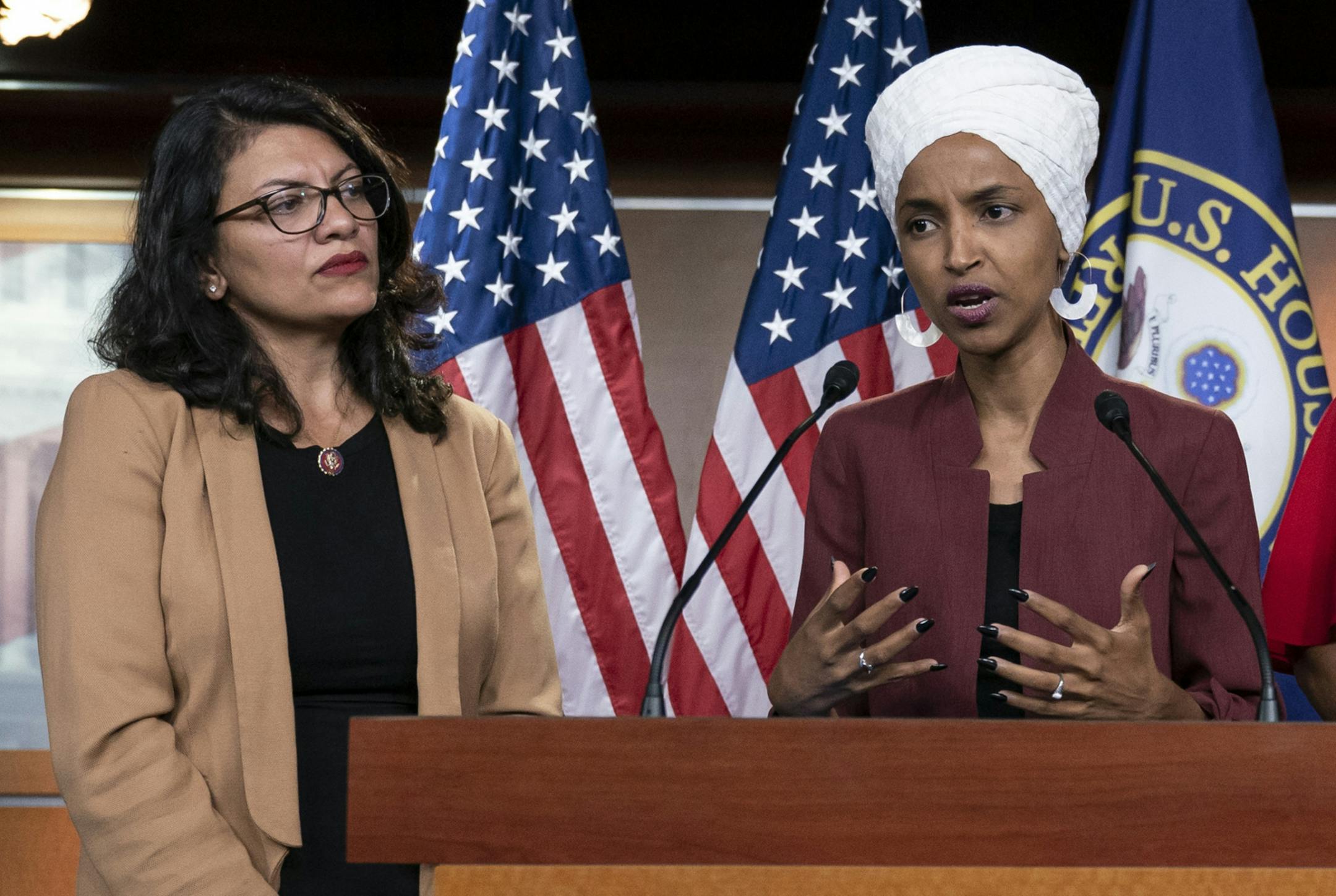 U.S. Reps. Ilhan Omar and Rashida Tlaib will host a news conference Monday, Aug. 19, in St. Paul to address travel restrictions to Palestine and Israel. Above, the two spoke in July in Washington, D.C.