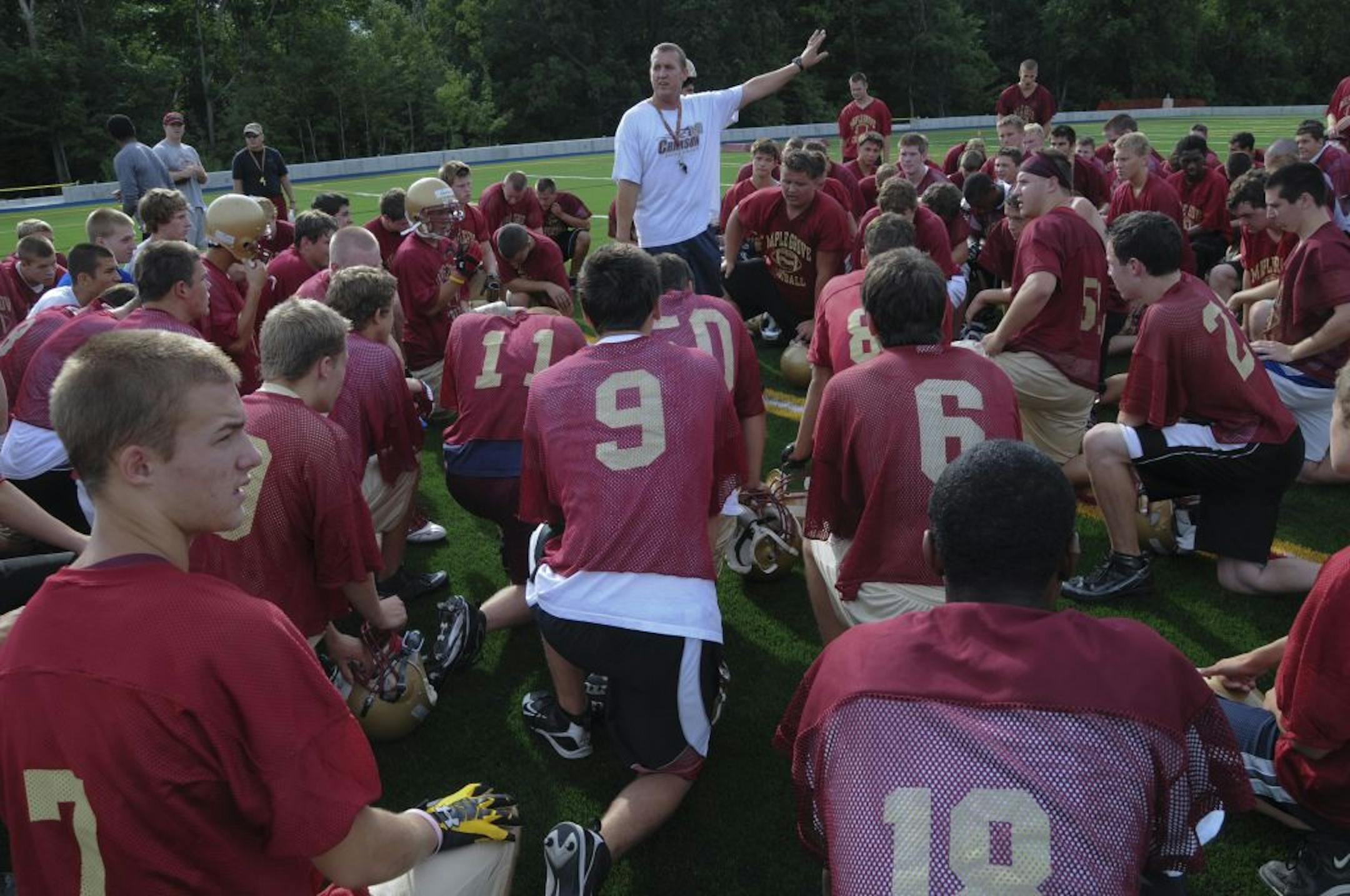 Former Wayzata defensive-coordinator Matt Lombardi now is head coach of the Maple Grove High Football Team. He worked with the team in the first week of practice on Thursday morning August 17, 2011 in Maple Grove, Minn.