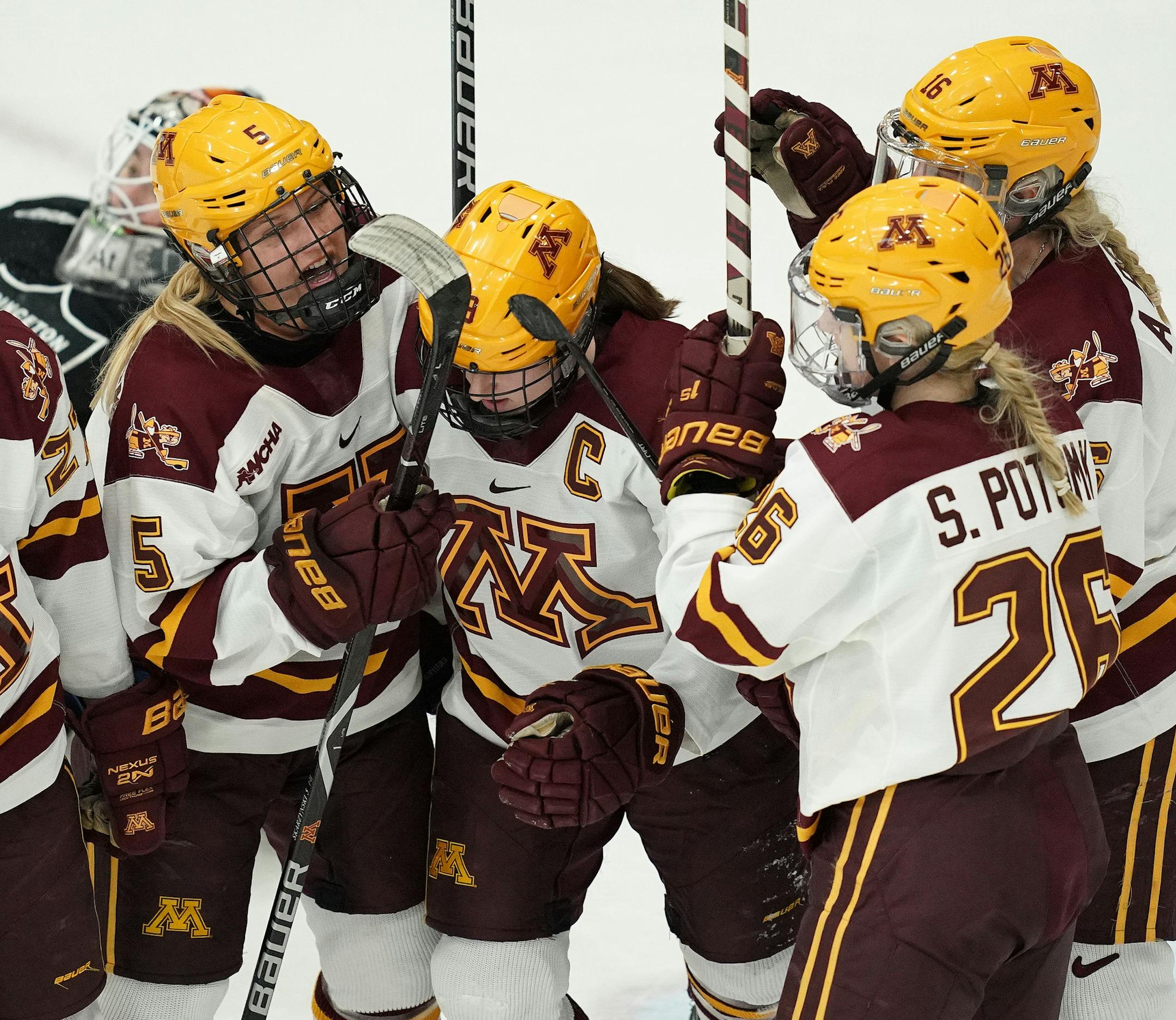 Minnesota Golden Gophers forward Kelly Pannek (19) was mobbed by her teammates in front of the Princeton Tigers goal after scoring in the third period. ] ANTHONY SOUFFLE • anthony.souffle@startribune.com The Minnesota Golden Gophers played the Princeton Tigers in an NCAA quarterfinal women's hockey game Saturday, March, 16, 2019 at Ridder Arena in Minneapolis.